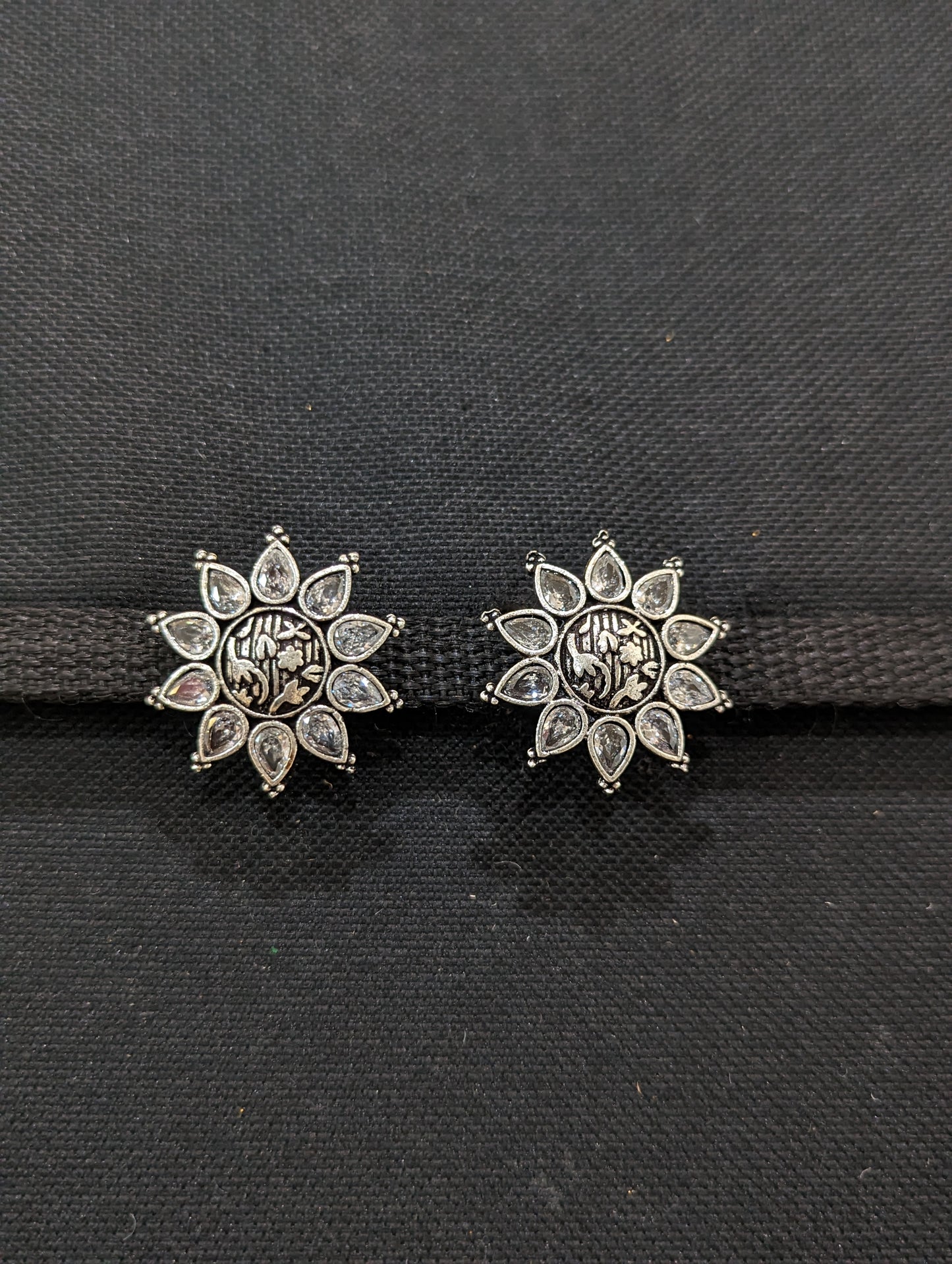 SALE - Oxidized Silver Polki / CZ stone Stud Earrings