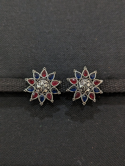 SALE - Oxidized Silver Polki / CZ stone Stud Earrings