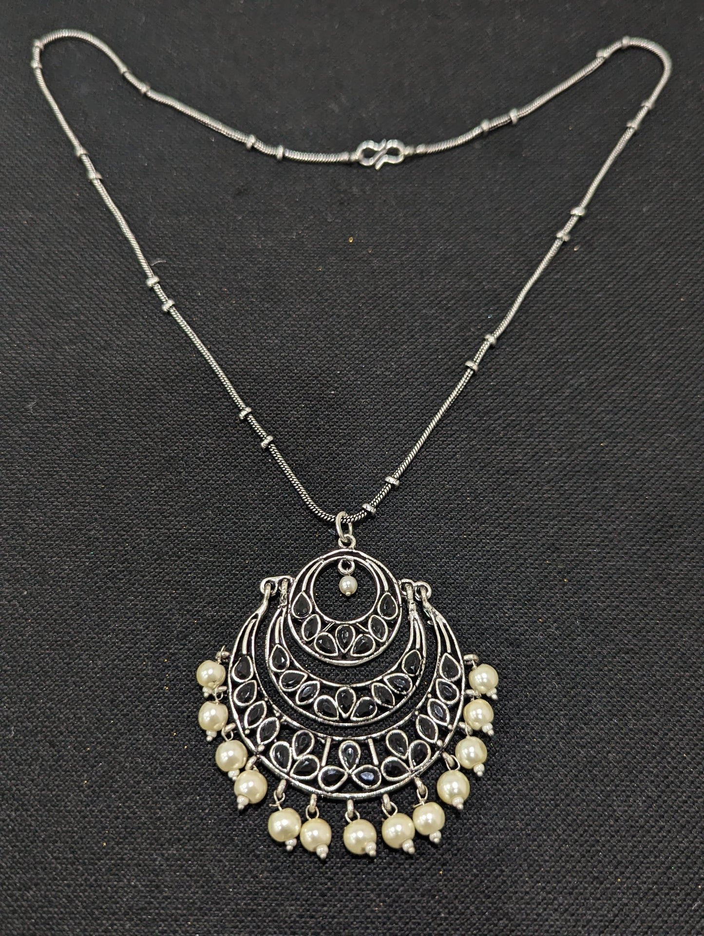 Oxidized Silver Pearl bead dangle Pendant Necklace