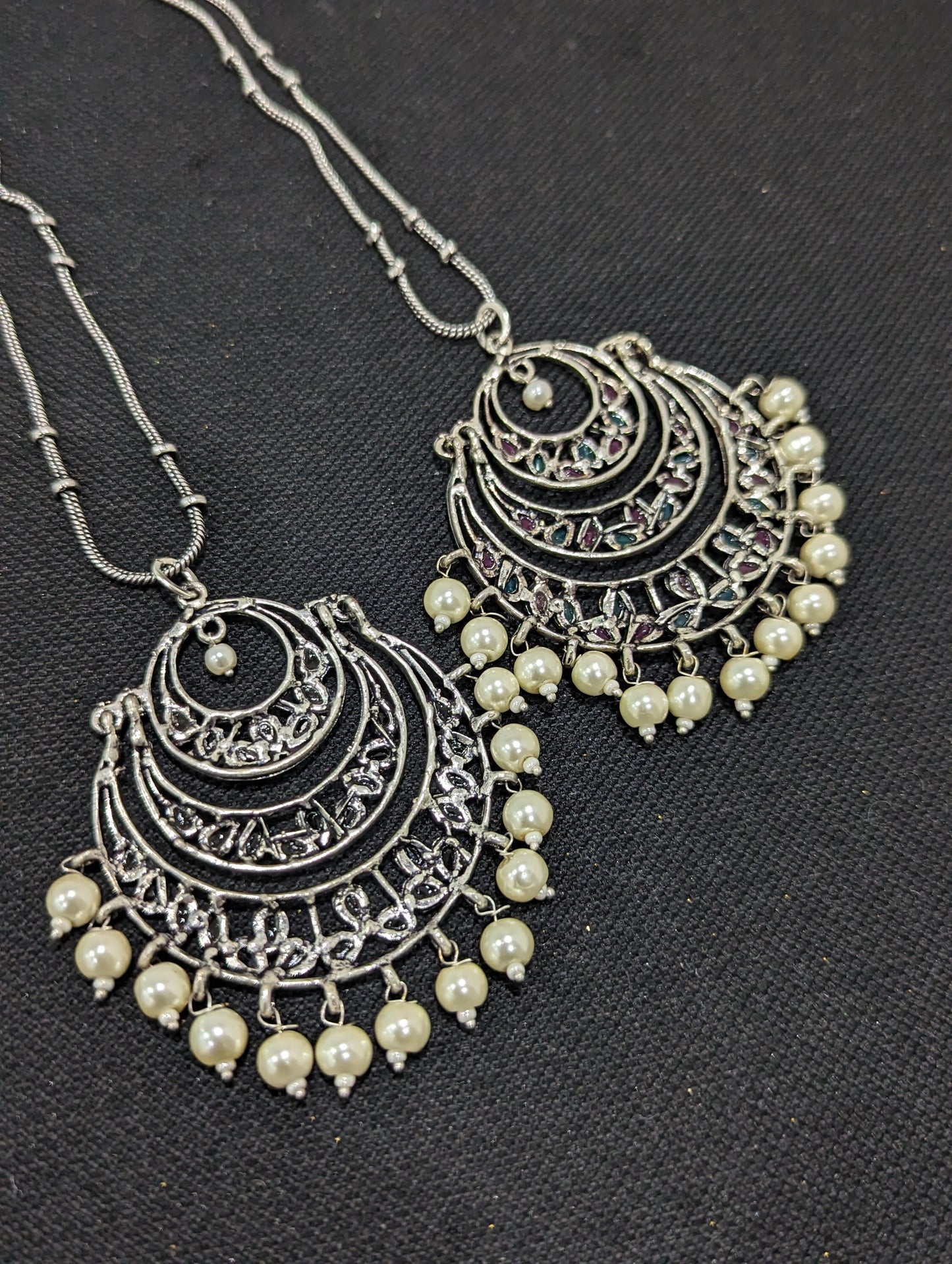 Oxidized Silver Pearl bead dangle Pendant Necklace