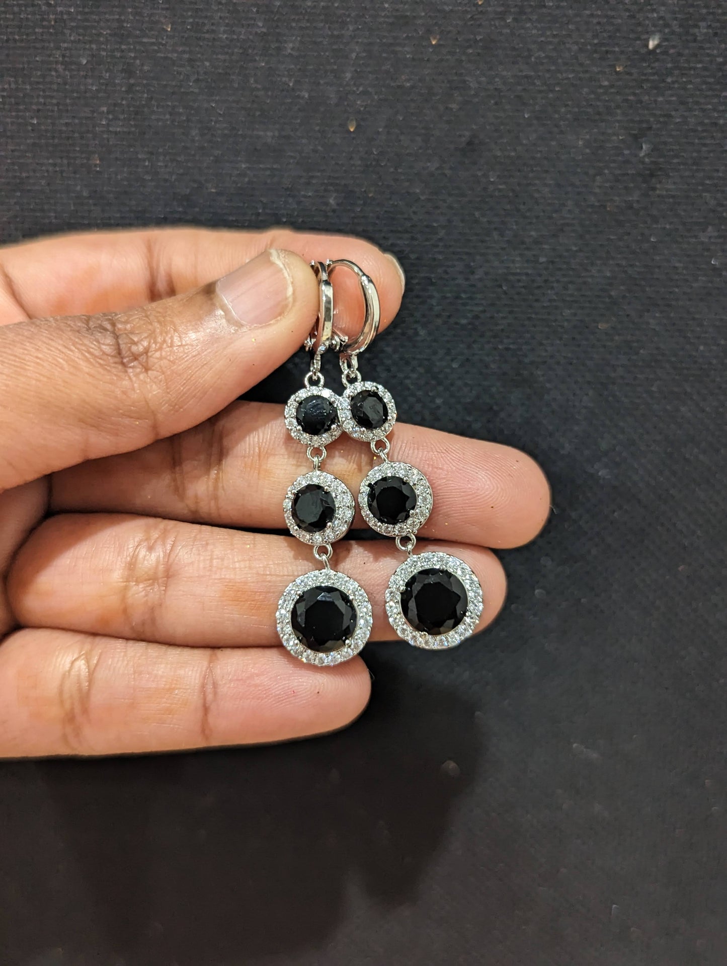 Triple circle CZ stone small hoop drop earrings