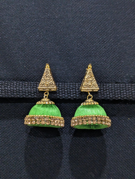 Silk thread medium jhumka with antique gold triangle stud earrings