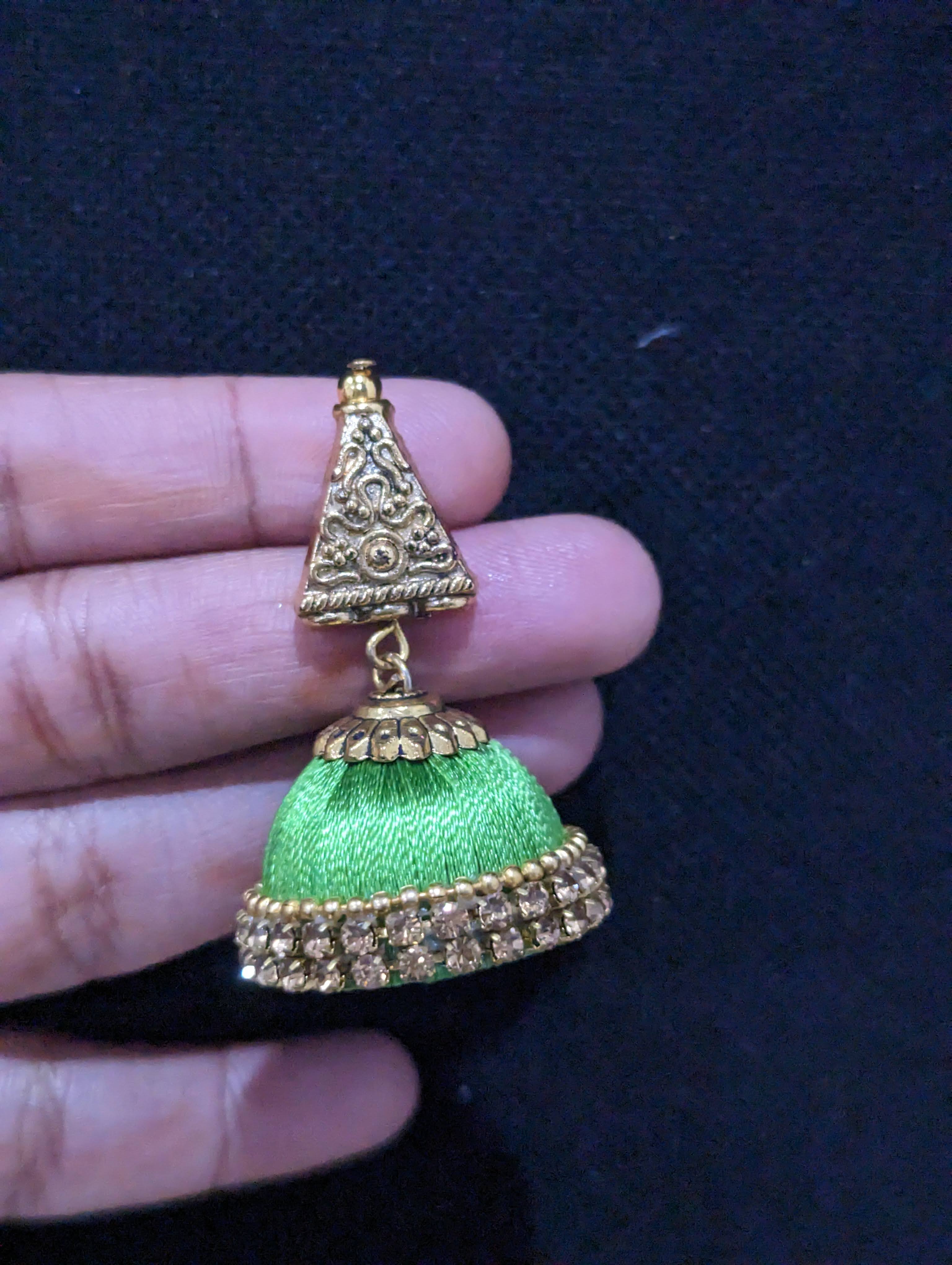 Silk thread medium jhumka with antique gold triangle stud earrings