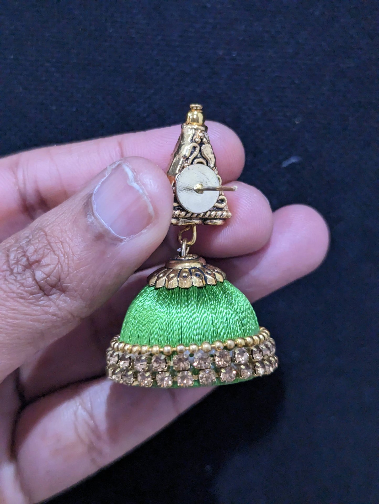 Silk thread medium jhumka with antique gold triangle stud earrings