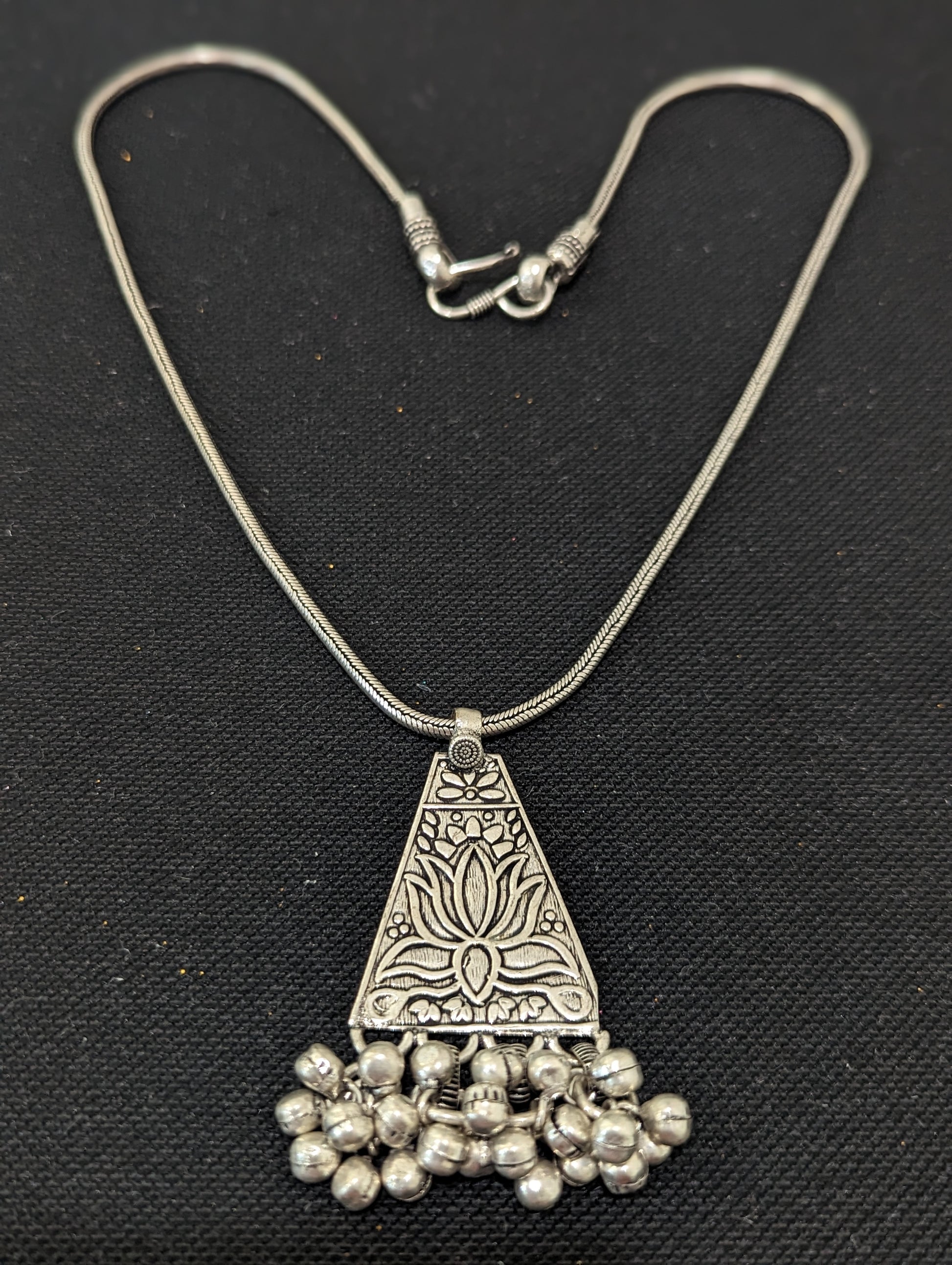 Oxidized ghunghru bead dangle Lotus pendant necklace - Simpliful