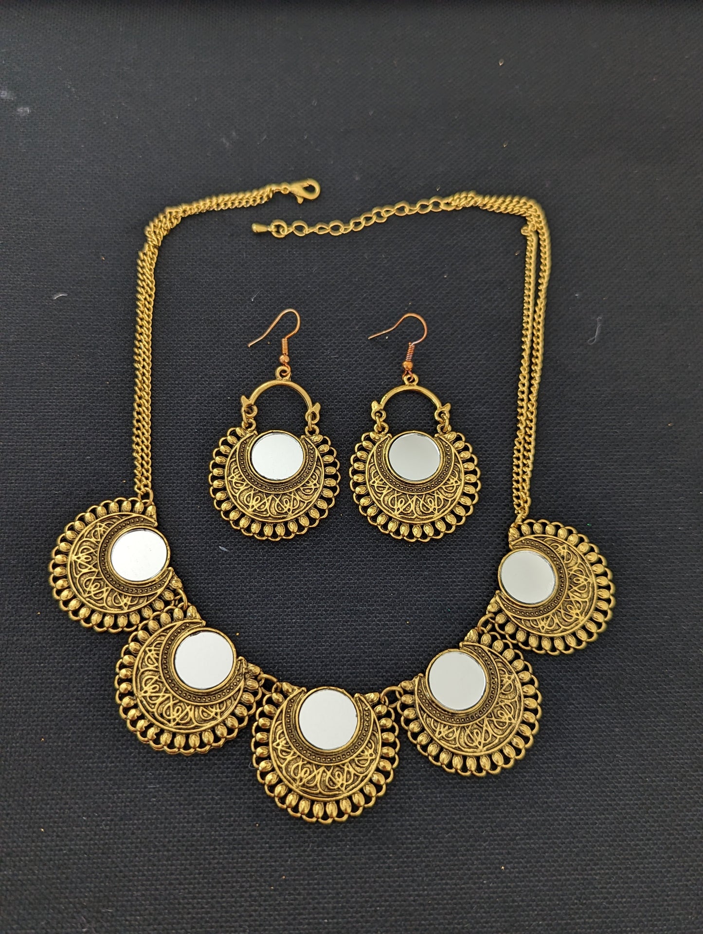 Antique gold mirror chain necklace and earring set