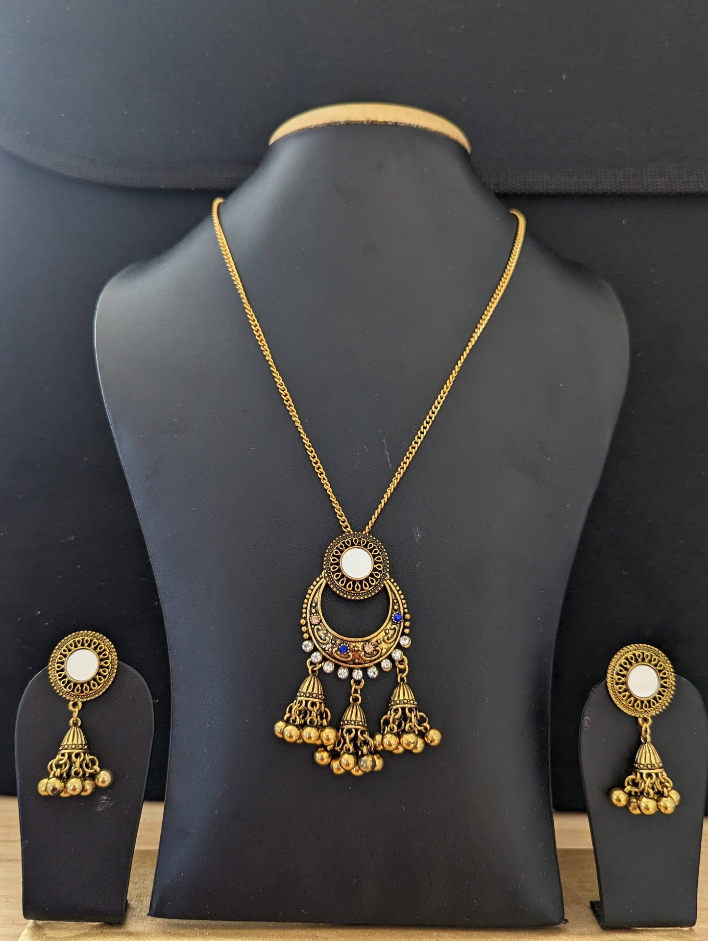 Antique gold mirror pendant chain necklace and earring set - Design 6