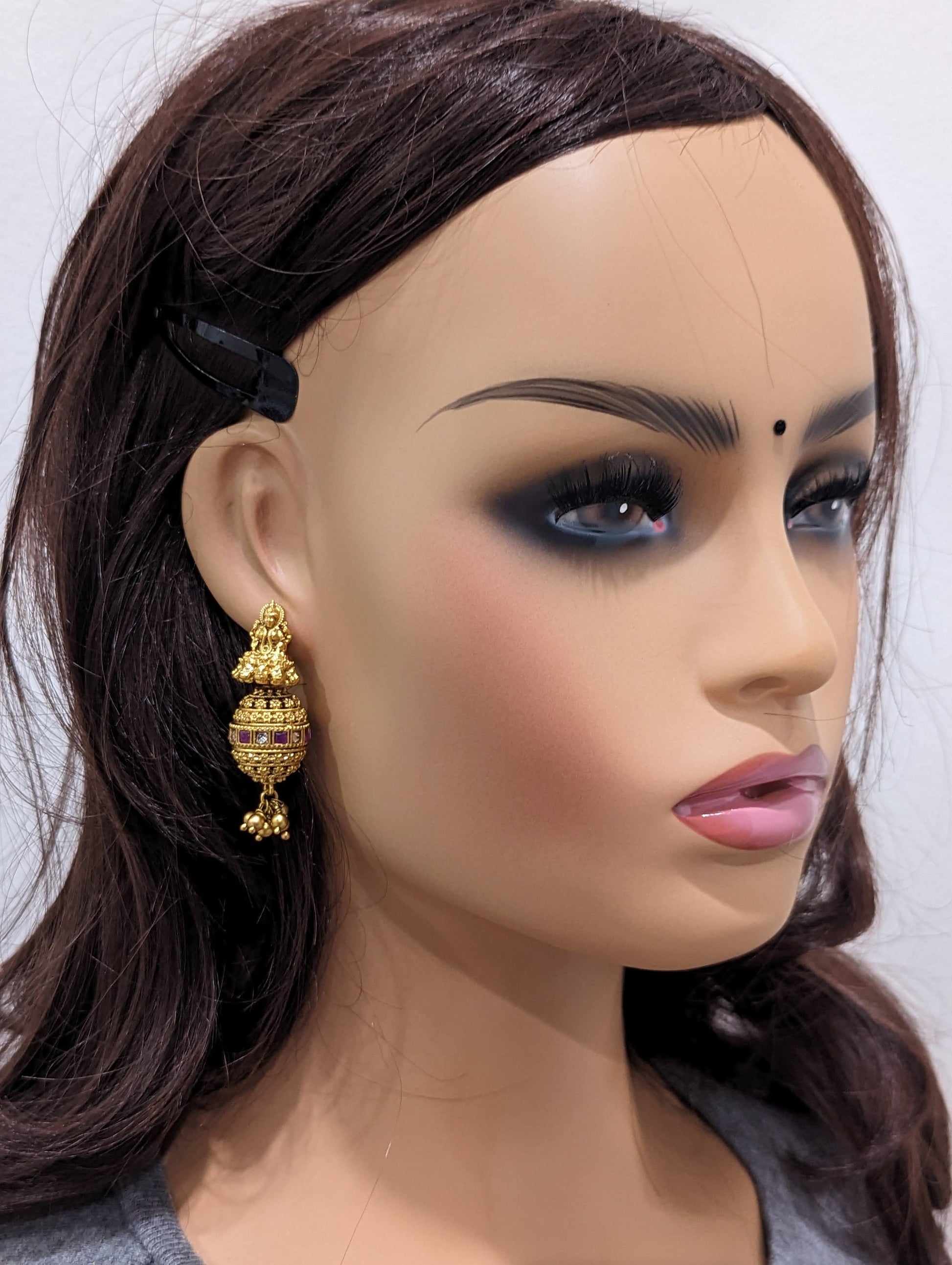 Temple Jewelry / Goddess Lakshmi stud with ball jhumka earrings - Simpliful