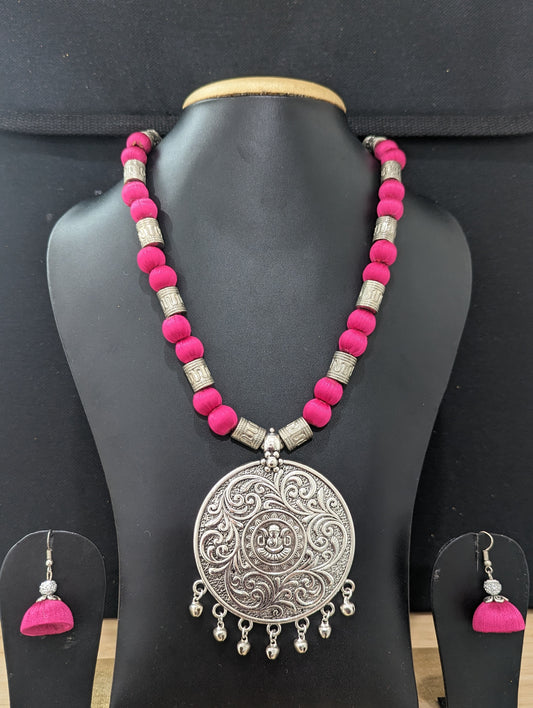 Silk Thread antique silver pendant chain Necklace and Earrings Set