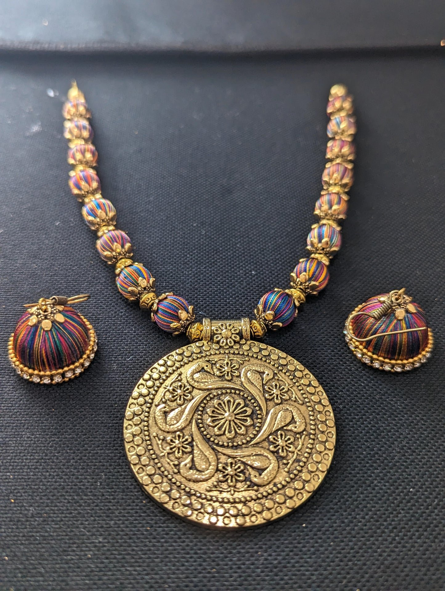 Silk Thread antique gold pendant chain Necklace and Earrings Set
