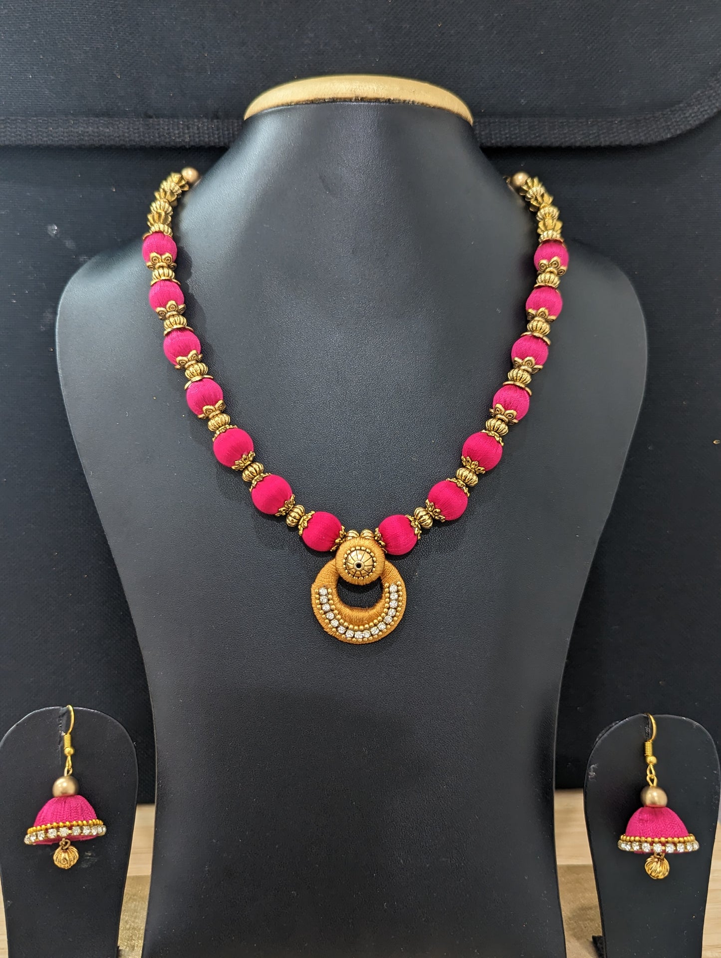 Silk Thread Pendant chain Necklace and Earrings Set