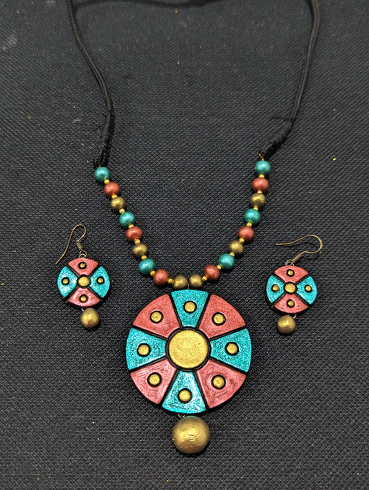 Terracotta Round pendant Necklace and earrings Set