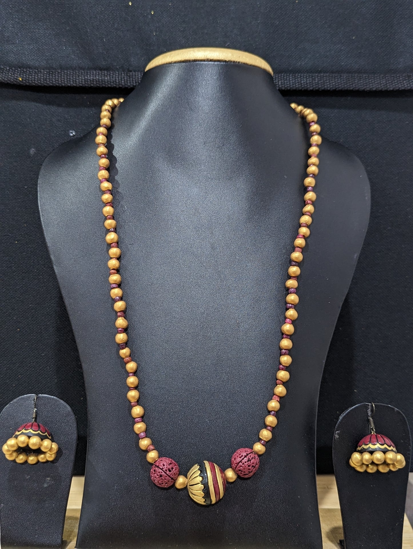Terracotta beaded Long chain Necklace and earrings Set
