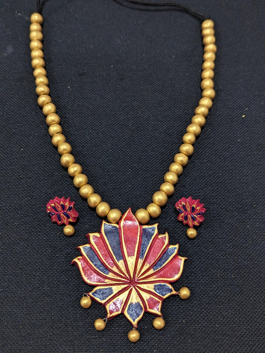 Terracotta Lotus design Necklace and Stud Set