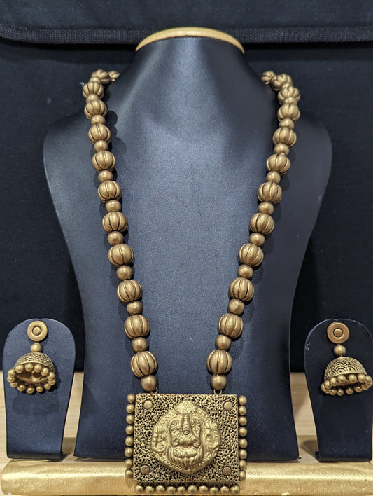 Terracotta Goddess Lakshmi extra long Necklace and Jhumka earrings Set