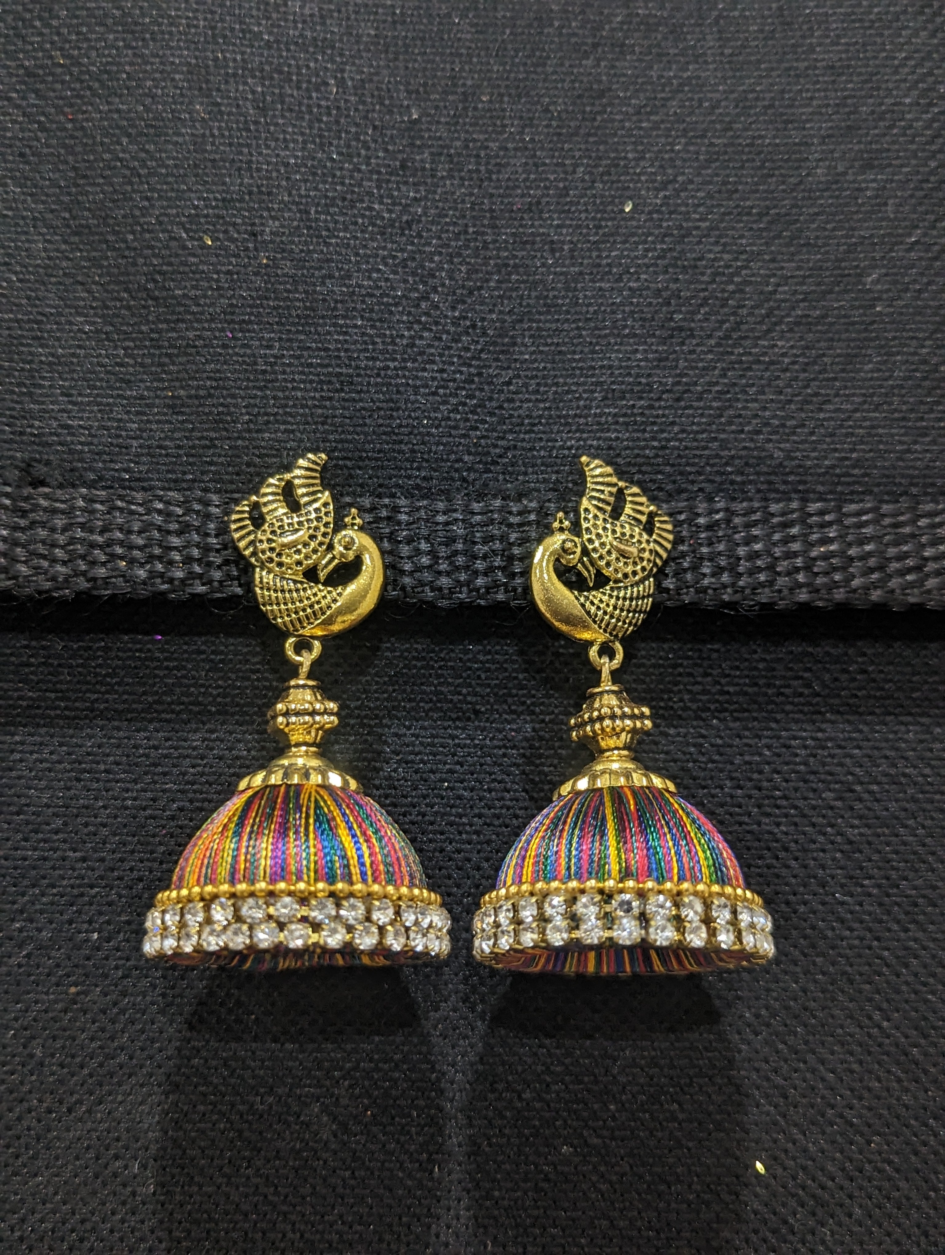 Silk thread medium jhumka with antique gold triangle stud earrings –  Simpliful Jewelry