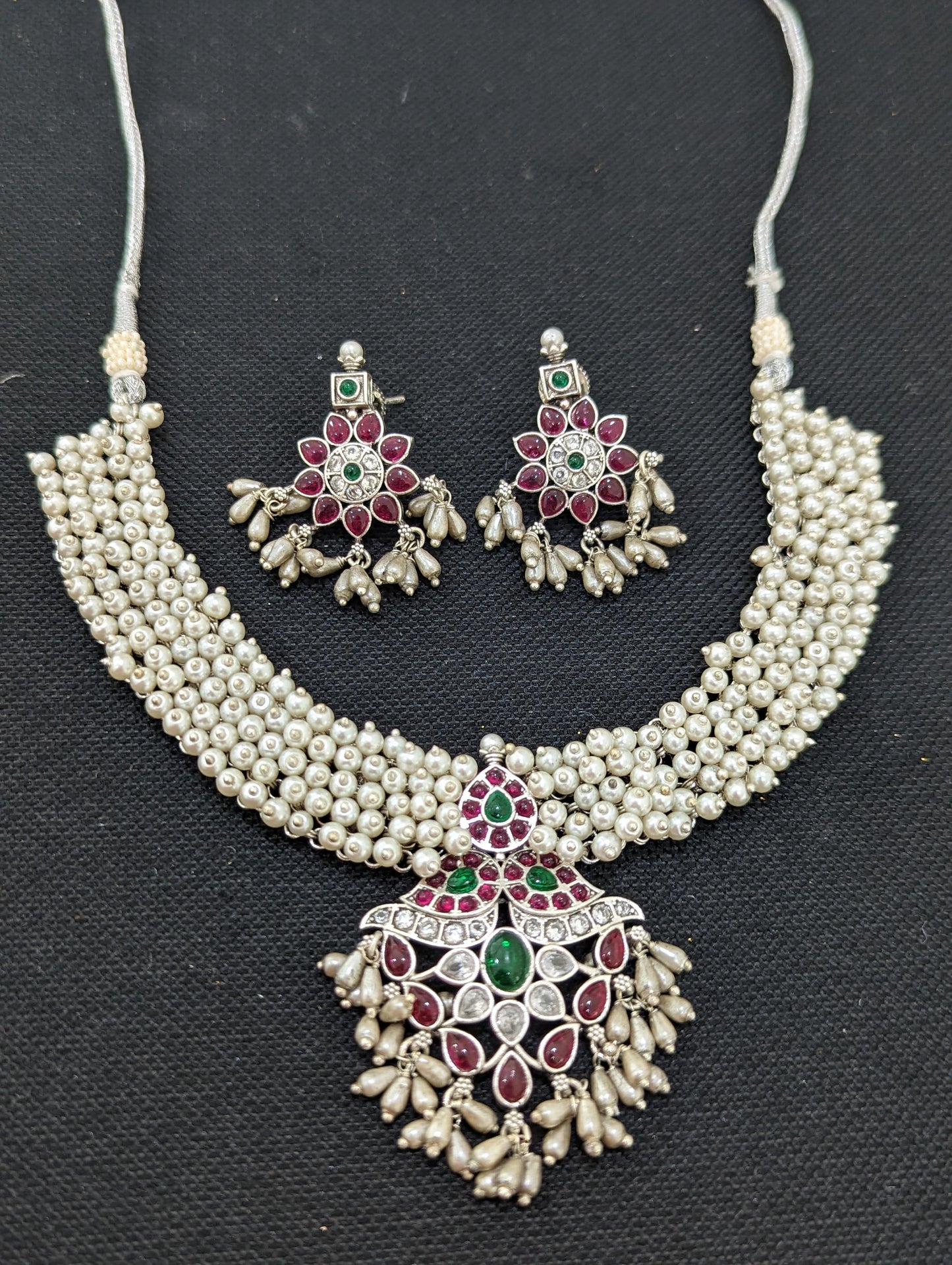 Bright Silver Pearl necklace and earrings set