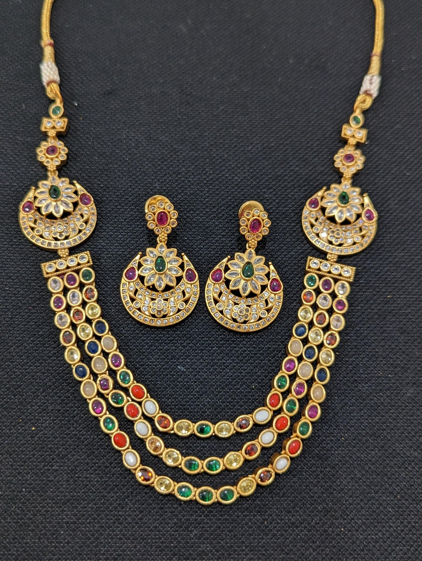 Triple strand Navratna stone Choker necklace and earrings set