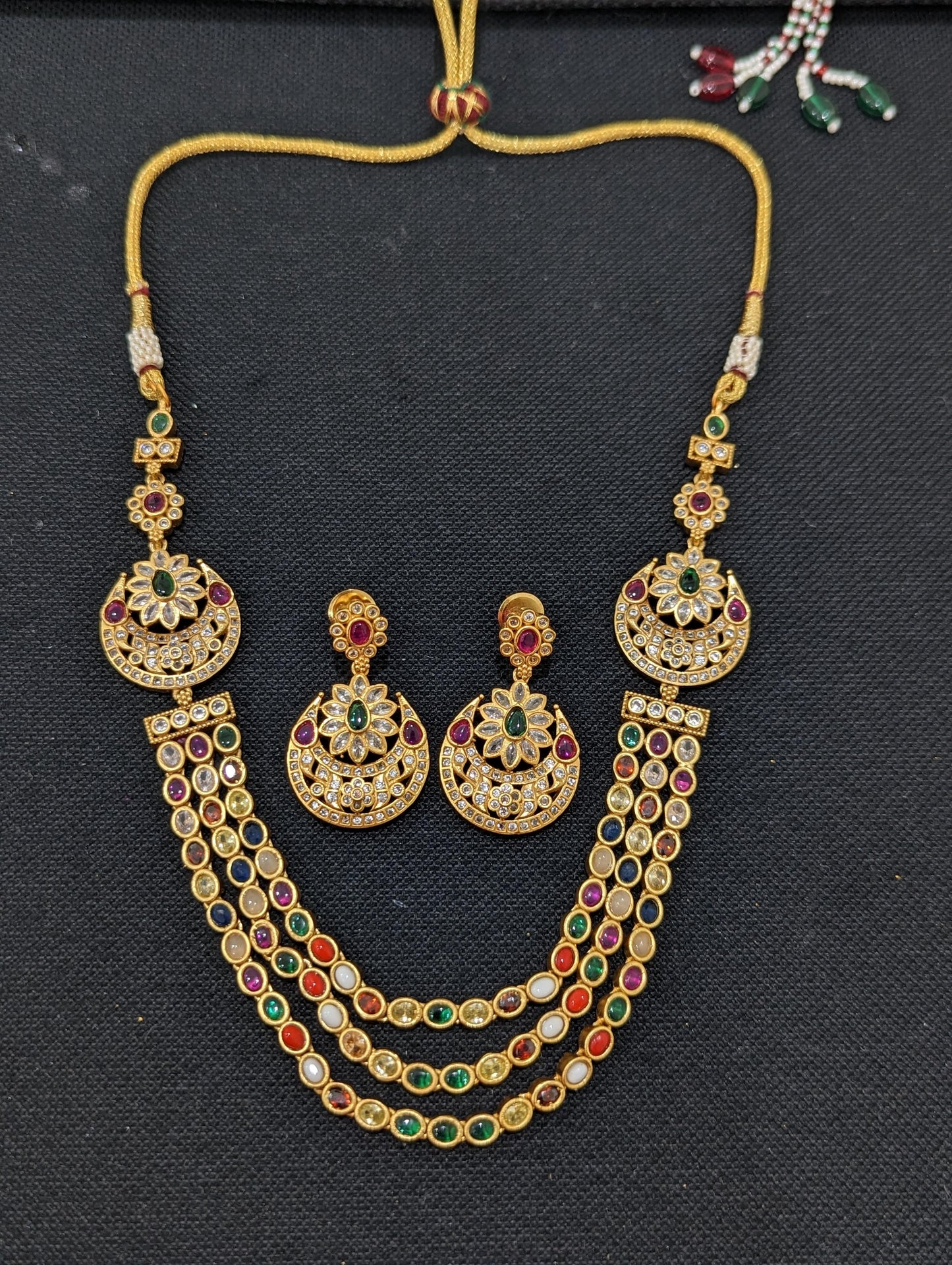 Triple strand Navratna stone Choker necklace and earrings set