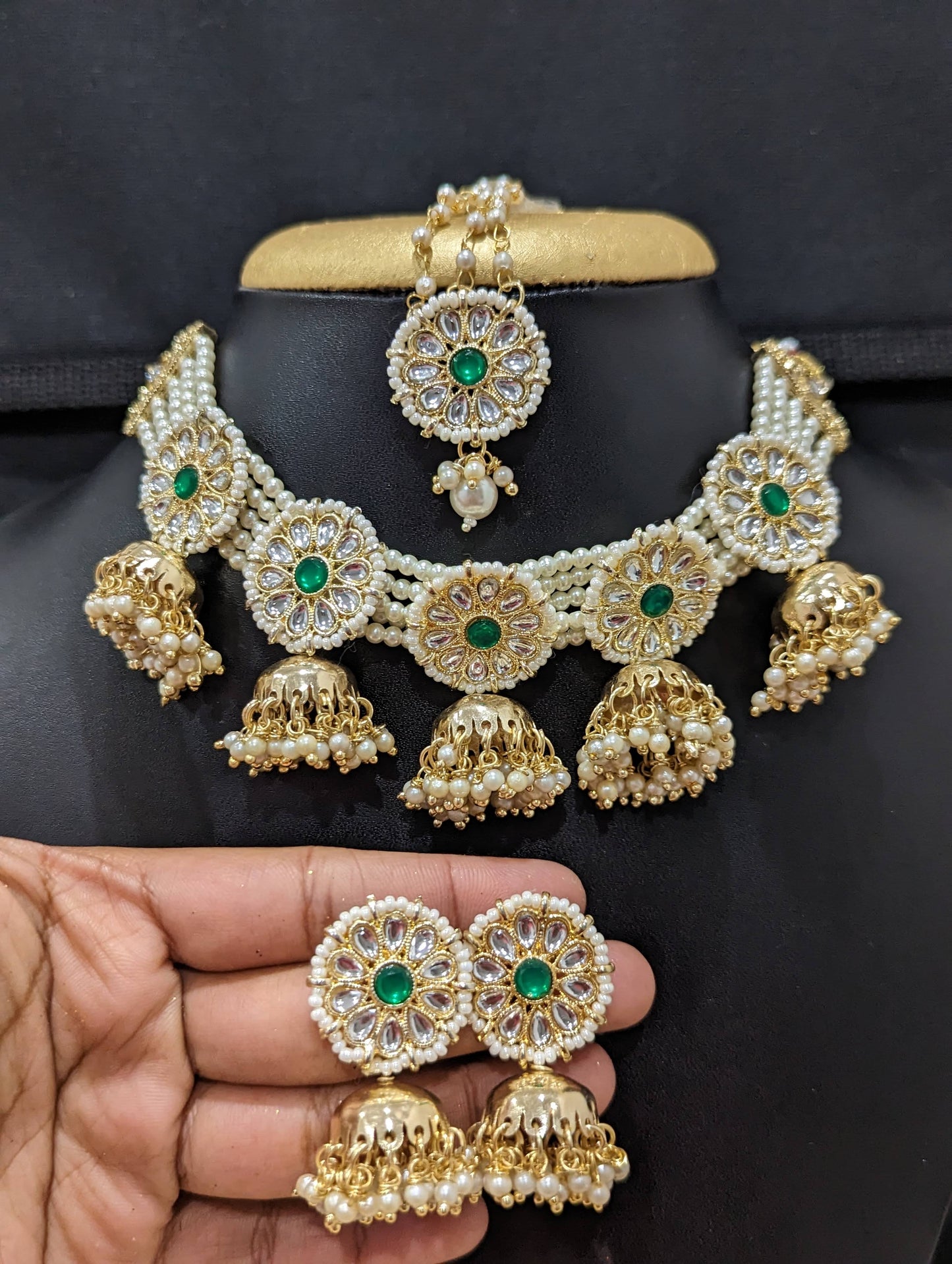 Flower Kundan Choker Necklace and Earrings set with Tikka