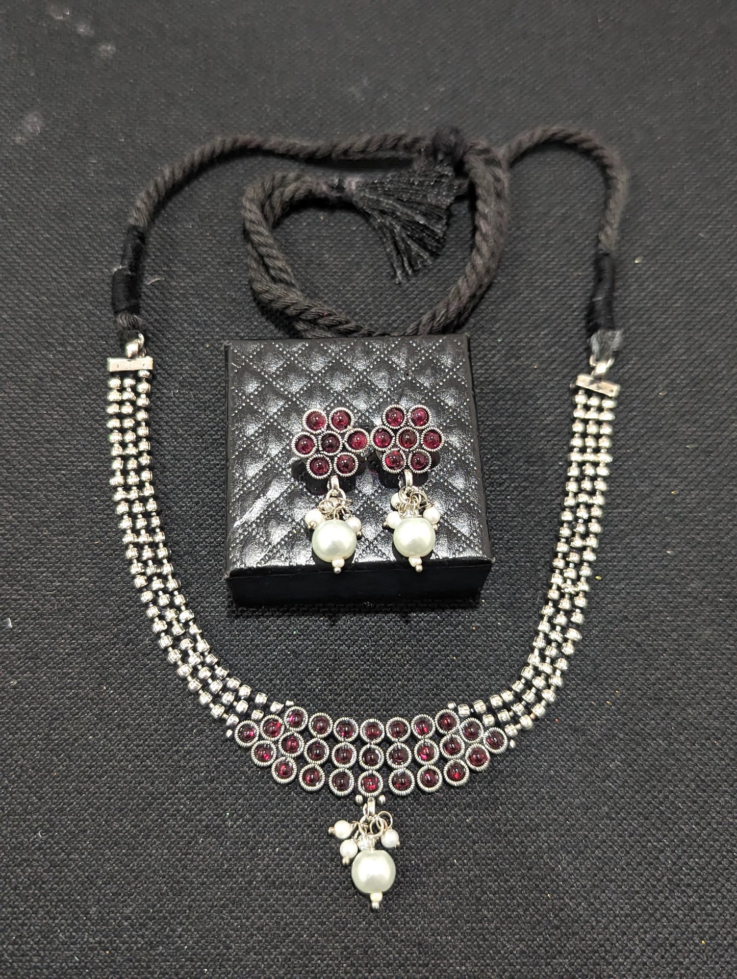 Oxidized silver Dori thread Choker Necklace set - Design 1