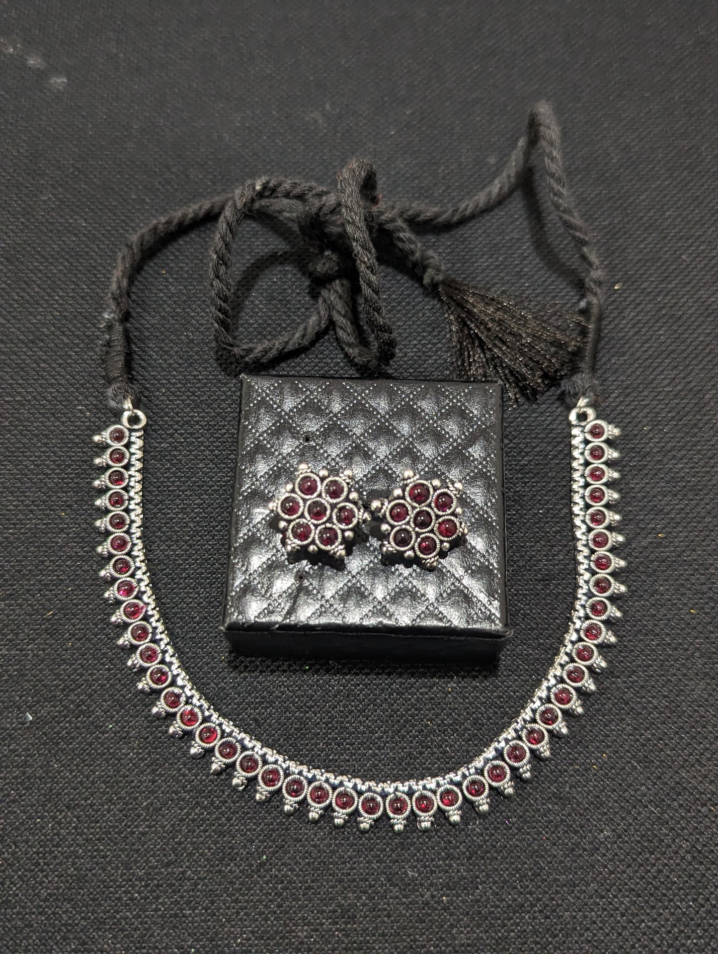 Oxidized silver Dori thread Choker Necklace set - Design 2