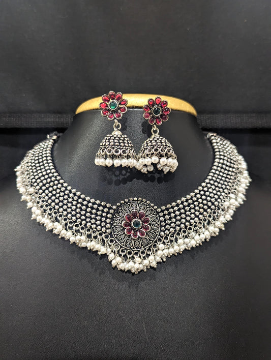 Oxidized silver Dori thread Choker Necklace set - Design 4