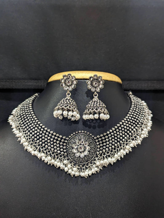 Oxidized silver Dori thread Choker Necklace set - Design 4