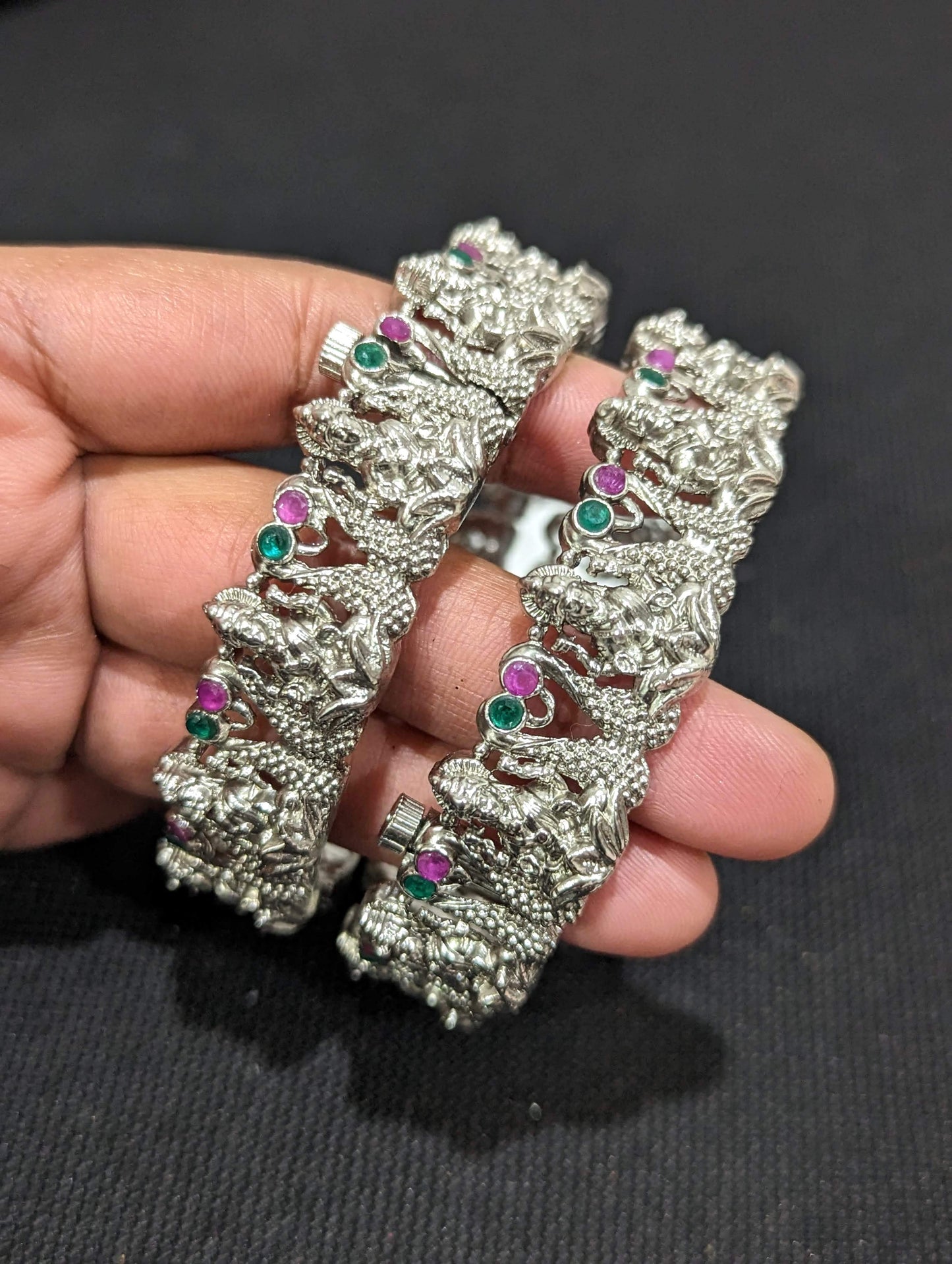 Silver matte finish Oxidized Goddess Lakshmi design Openable bangles