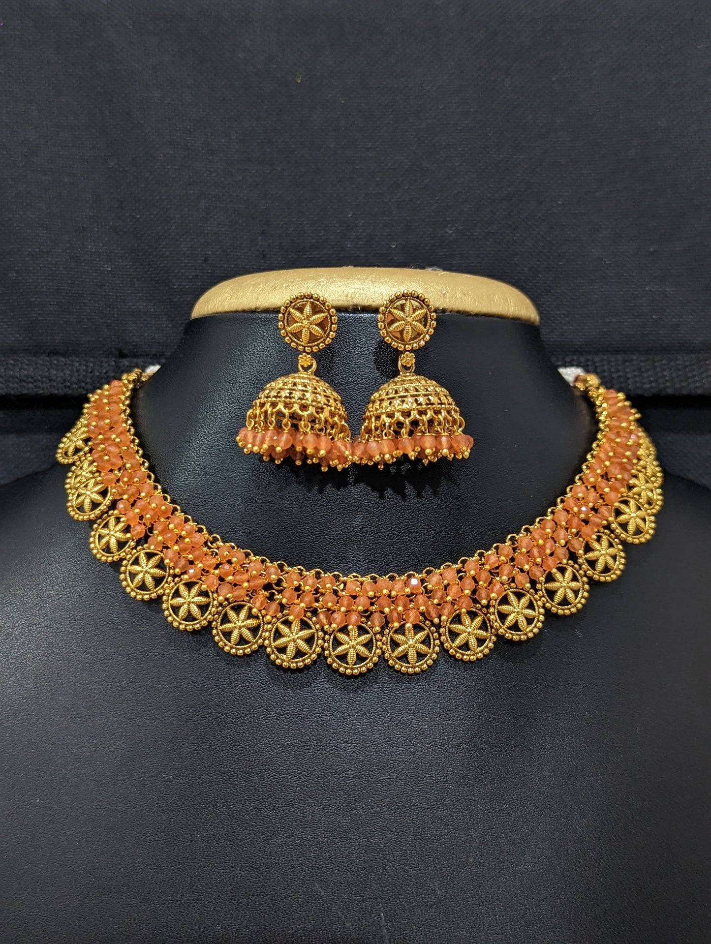 Gold plated Flower design Choker and Jhumka Earrings set
