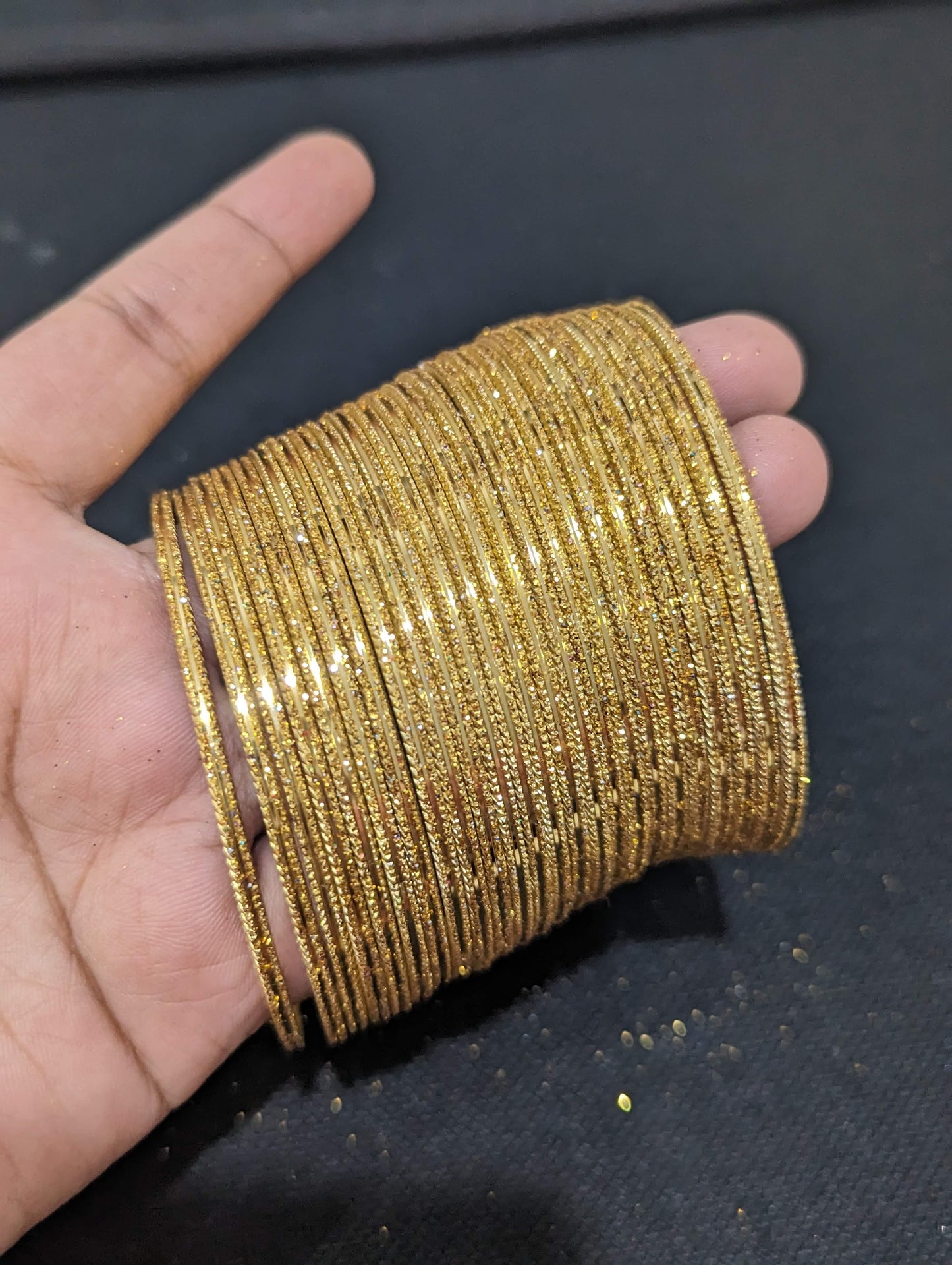 Glittery Golden Thin Metal Bangles - 2 dozens