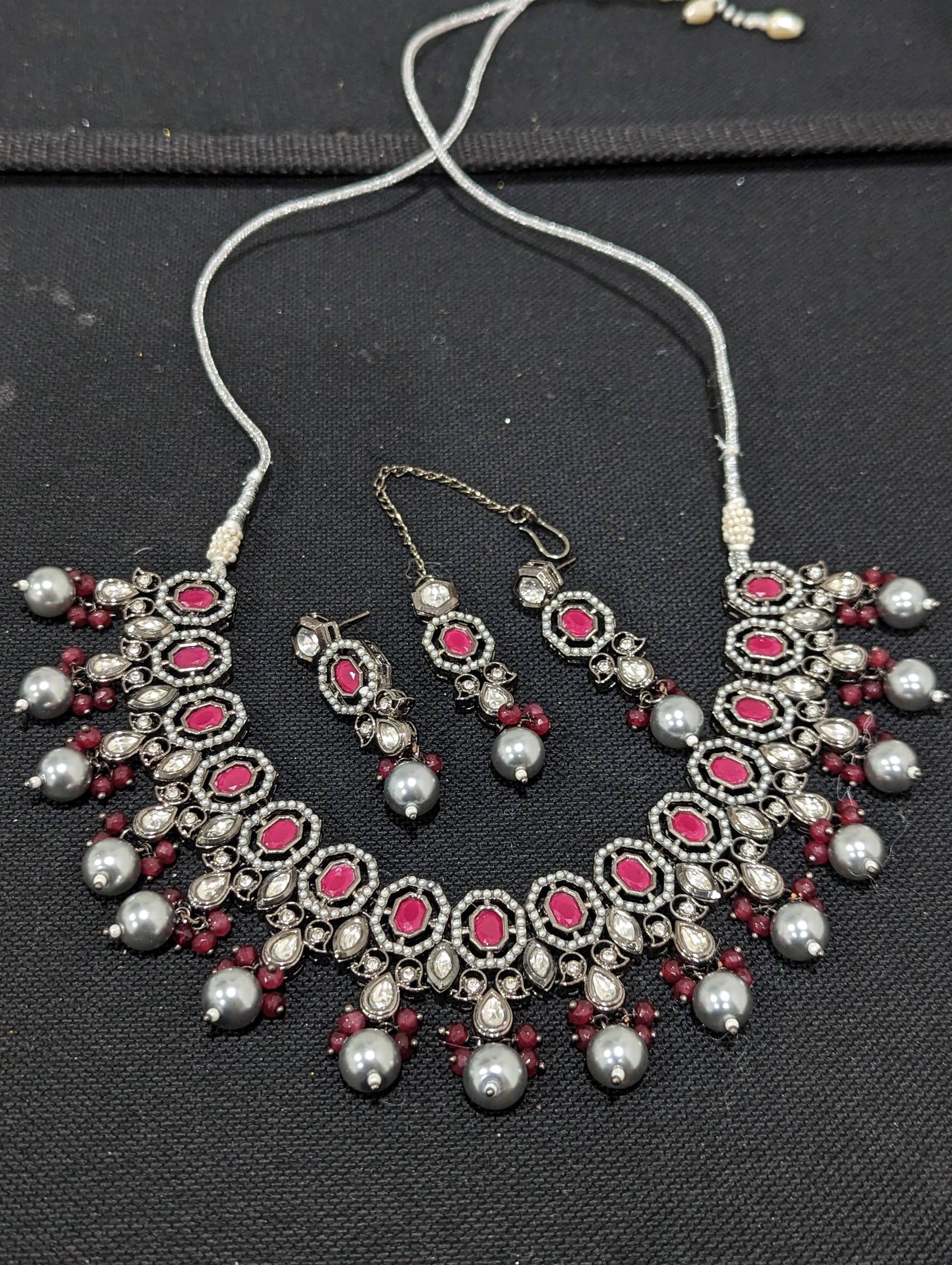 Hexagon choker Necklace and Earring set with Maang Tikka- Black plating - Simpliful