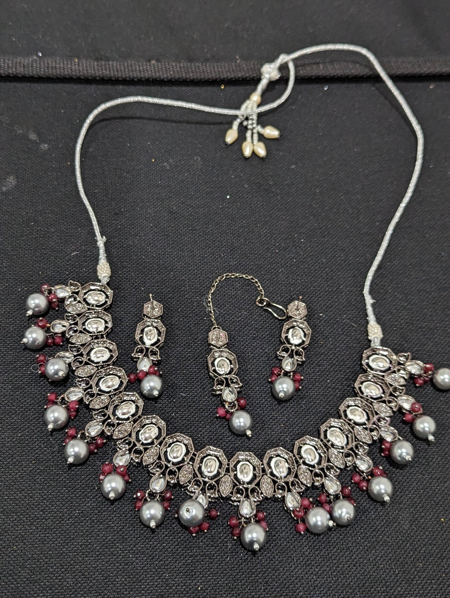 Hexagon choker Necklace and Earring set with Maang Tikka- Black plating - Simpliful