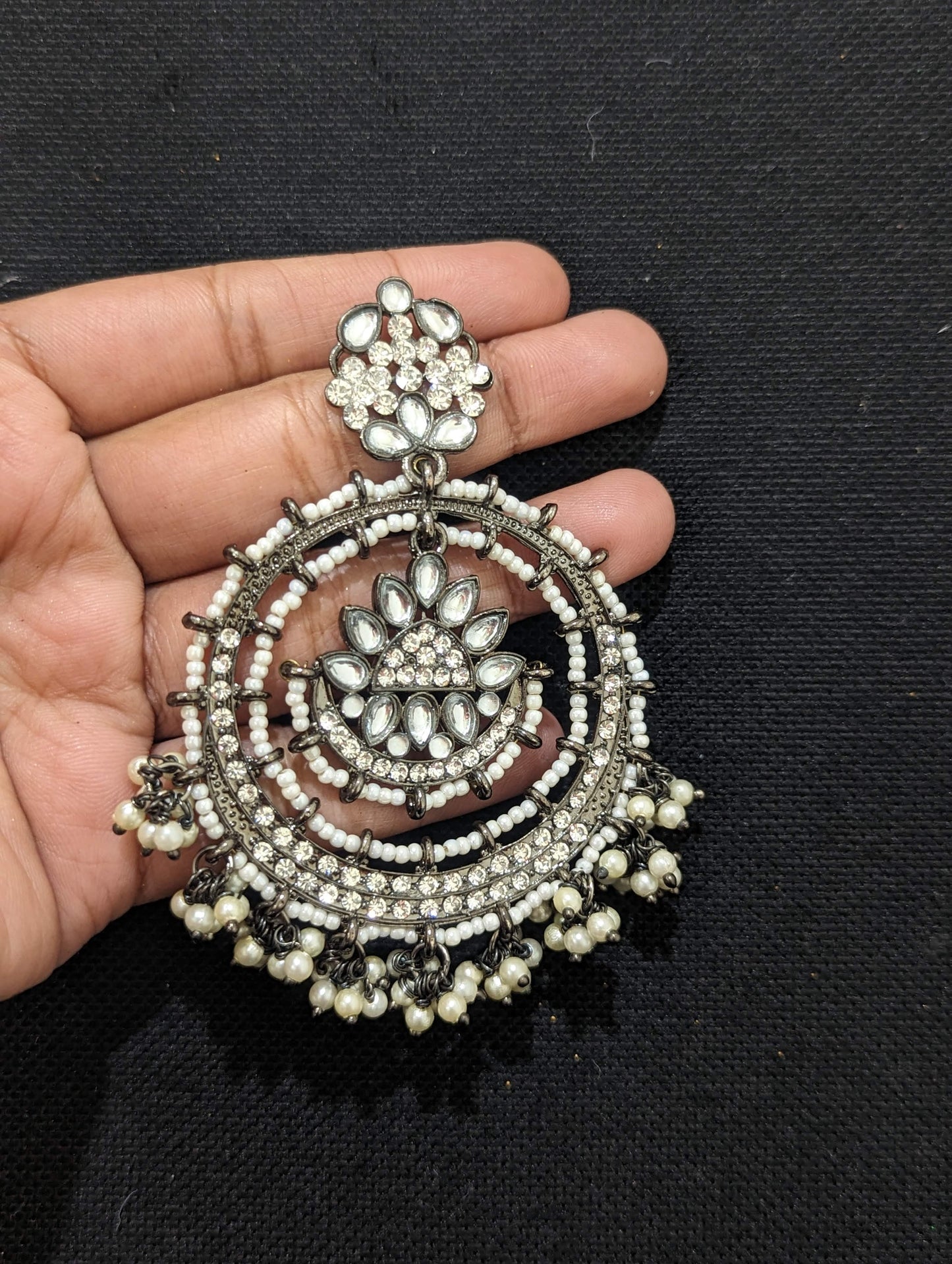 XXL size Black rhodium plated Kundan Chandbali Earrings