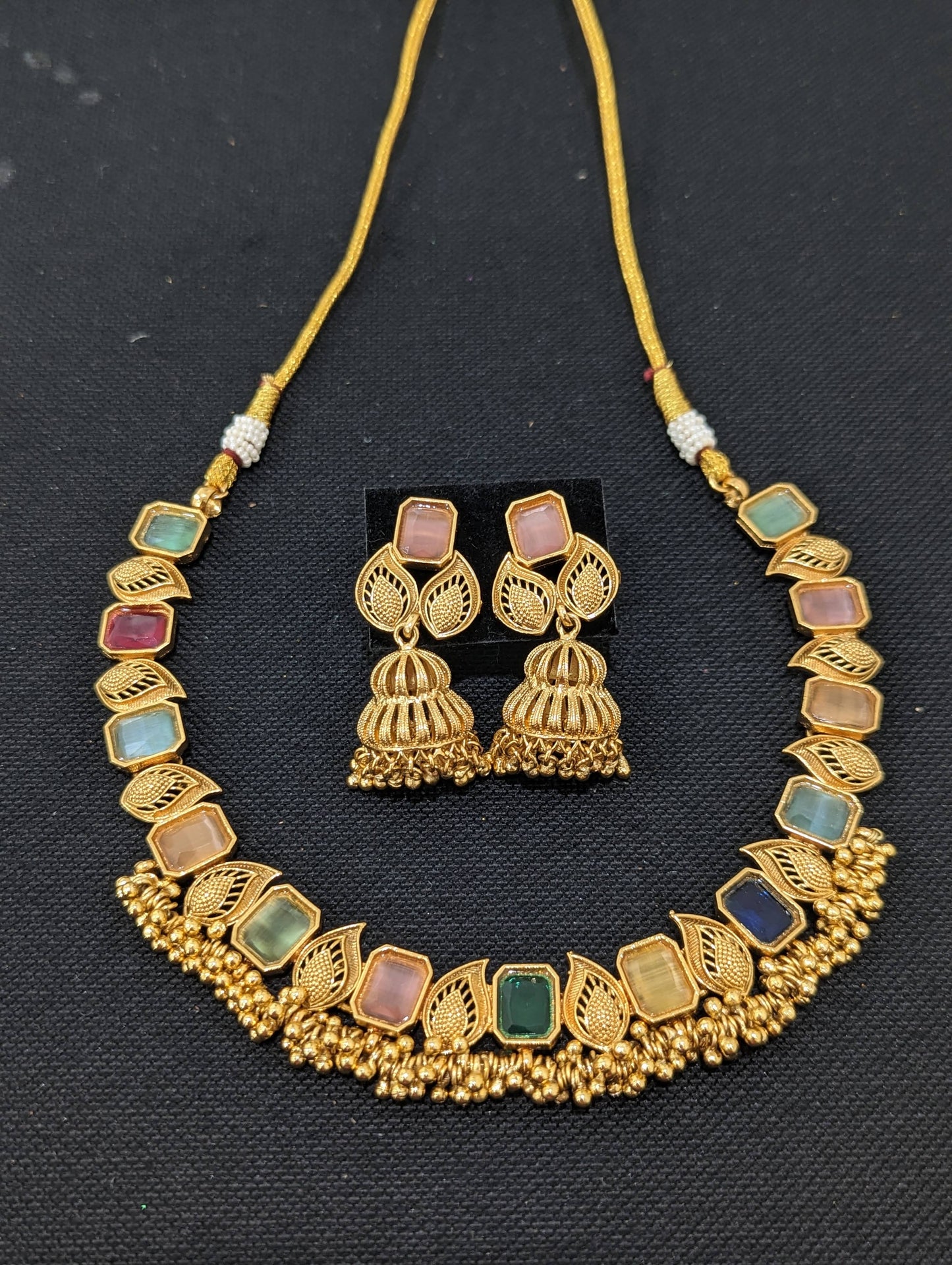 Cluster bead dangle Polki Choker Necklace and Earrings set