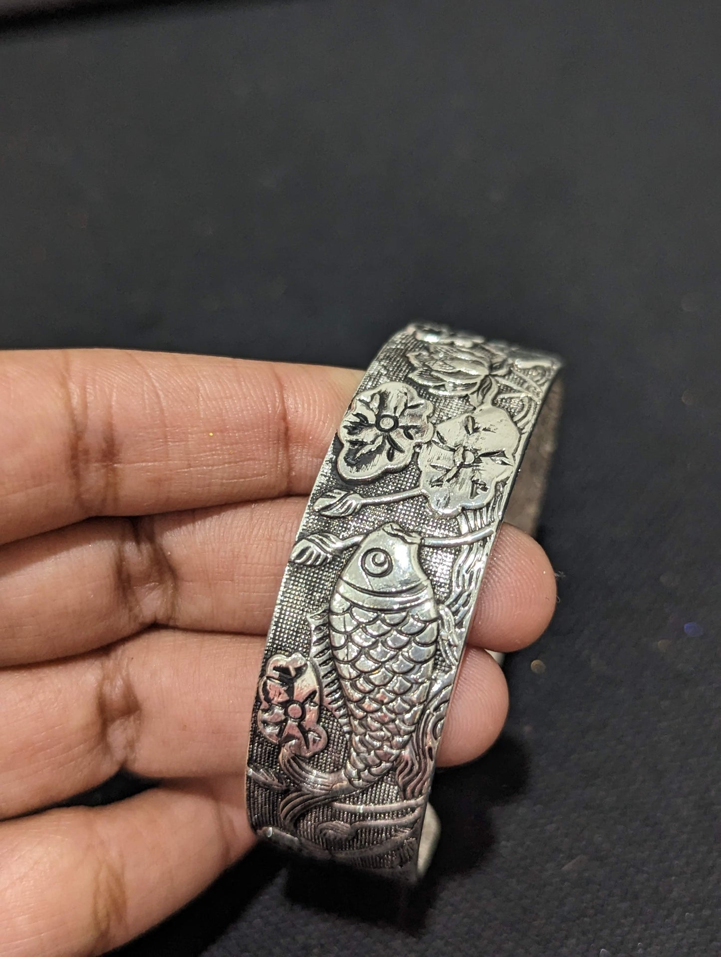 Antique silver oxidized kada - Fish Design - Simpliful