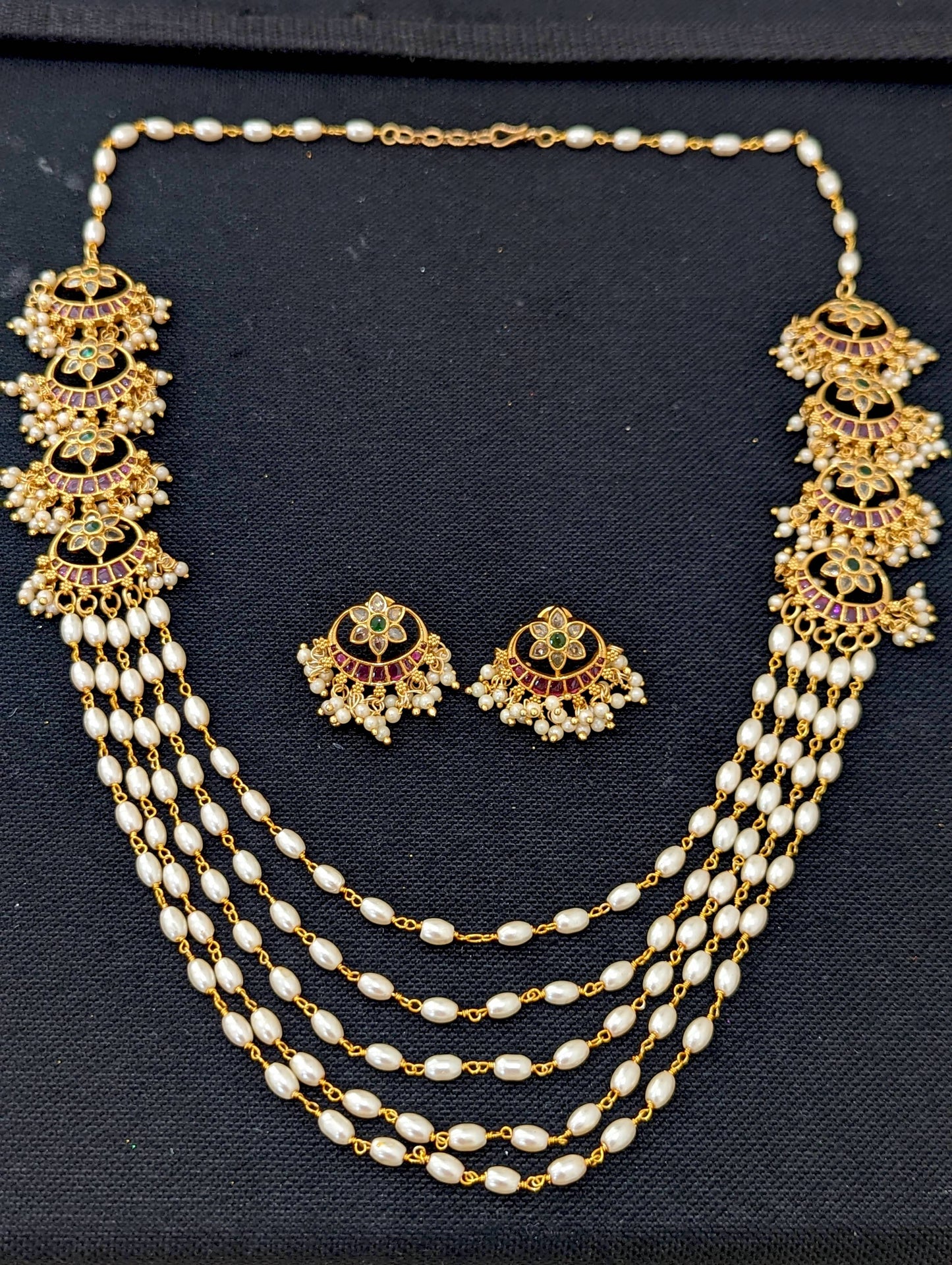 Multi stranded pearl chain Chandbali Jadau Haar Necklace set