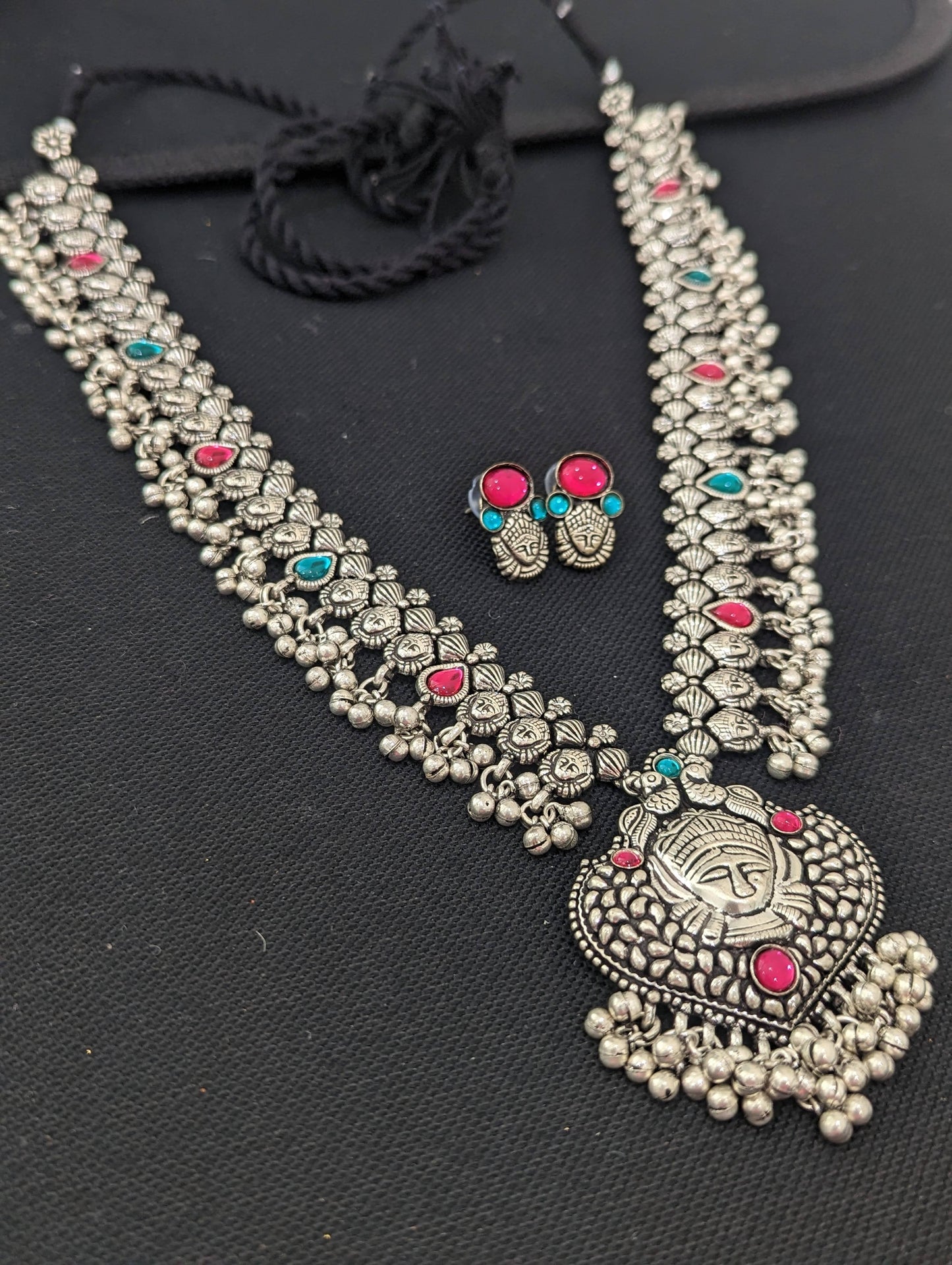 Oxidized Silver Durga Maa Long Haram Necklace and Stud Earrings Set