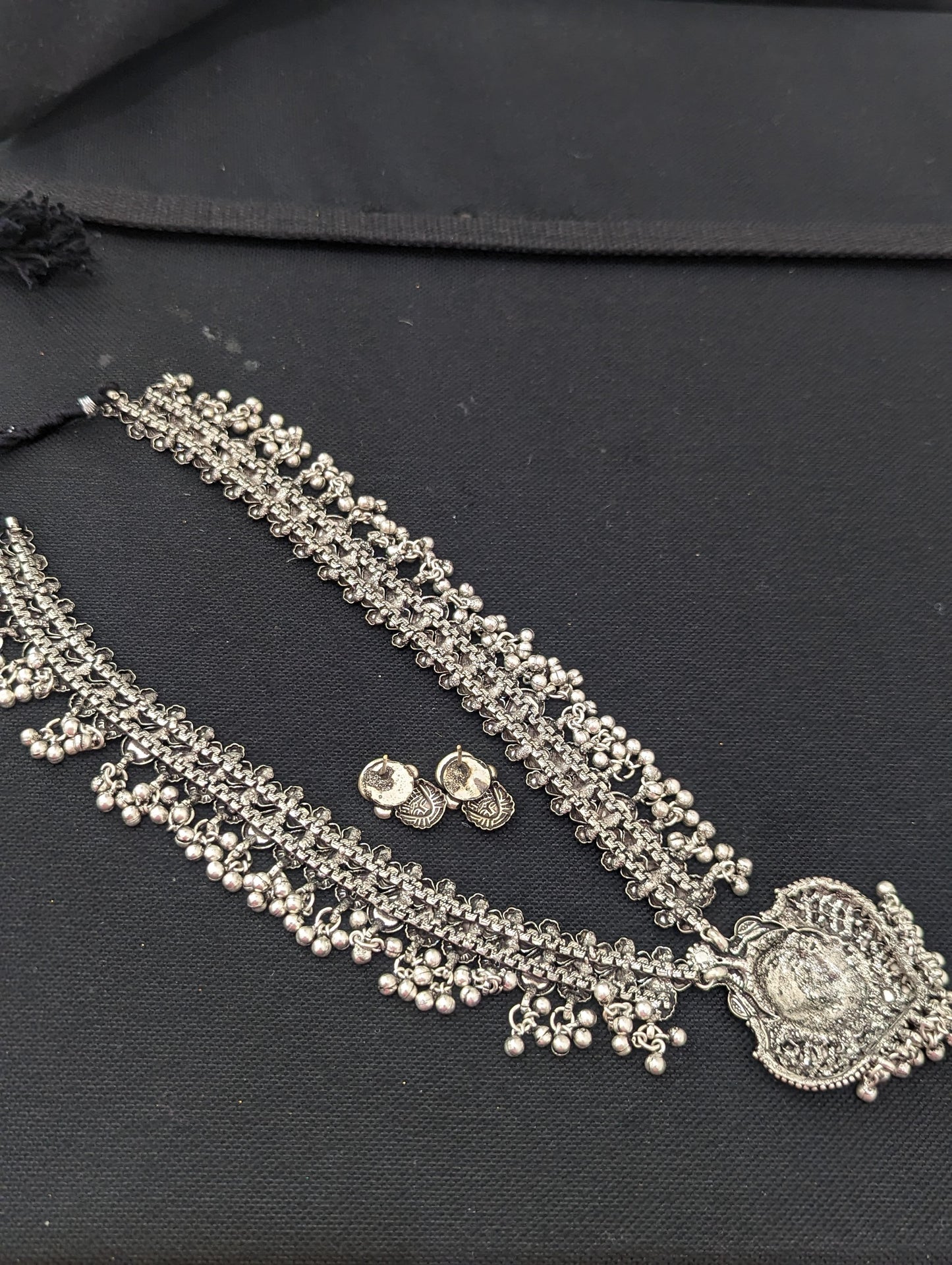 Oxidized Silver Durga Maa Long Haram Necklace and Stud Earrings Set