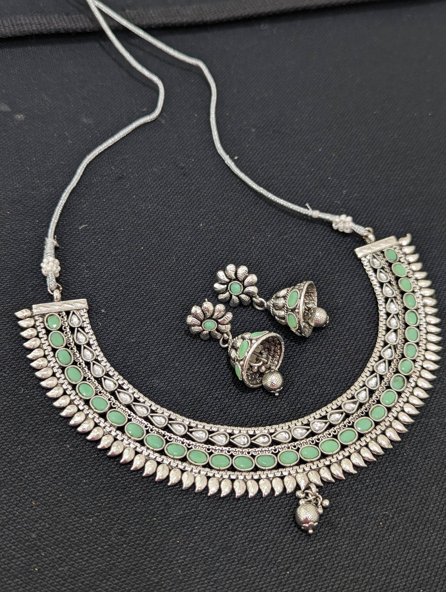 Oxidized silver Oval Polki stone choker Necklace set