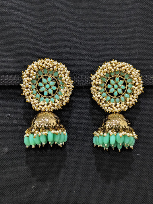 Mehandi Gold plated XL Stud Large Jhumka Earrings