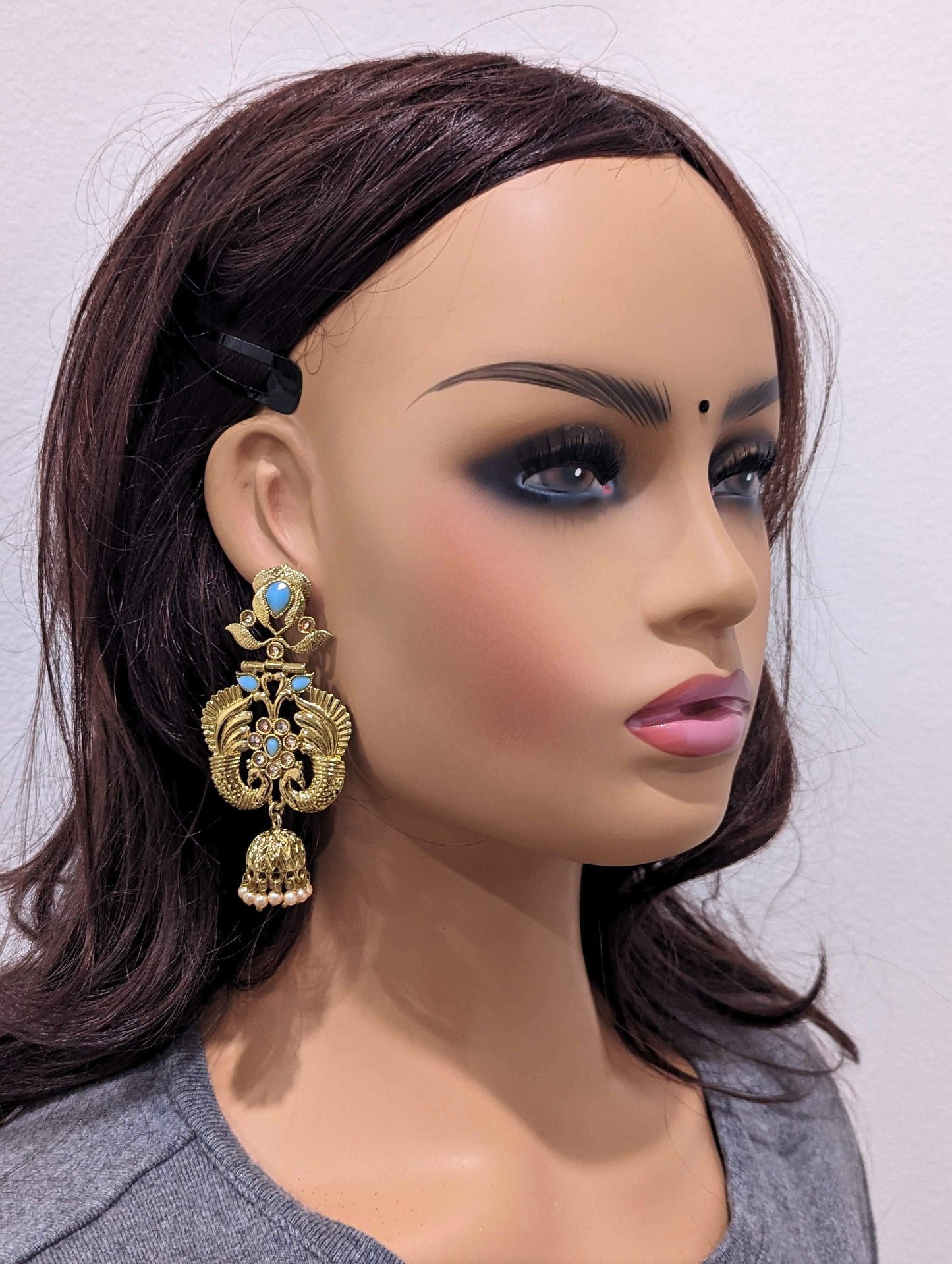 Dual Peacock Mehandi gold plated Long Jhumka Earrings