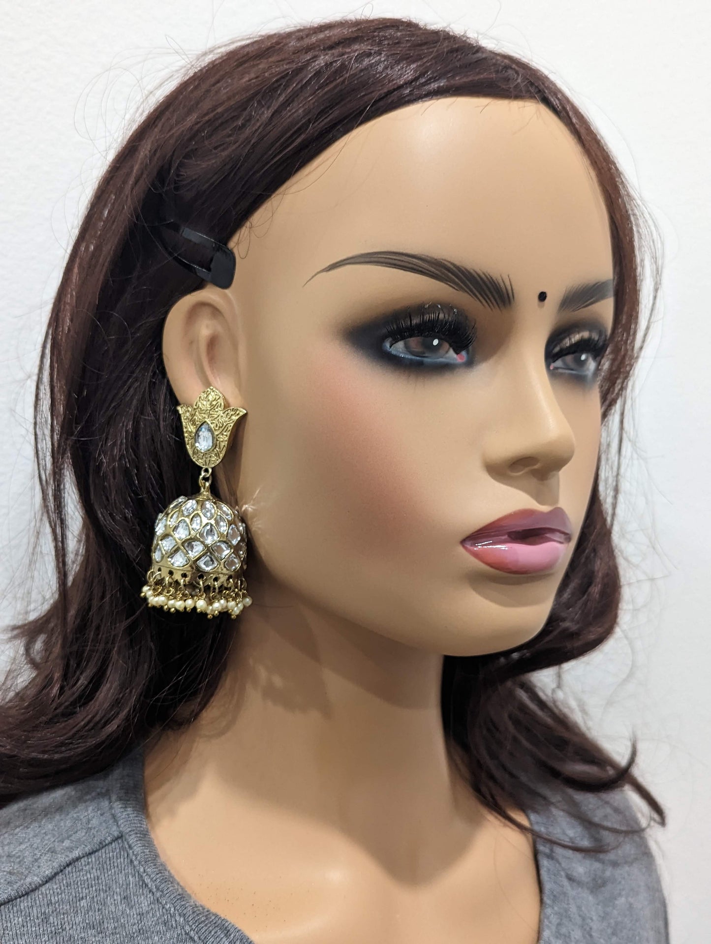 Mehandi polish Kundan large jhumka earrings