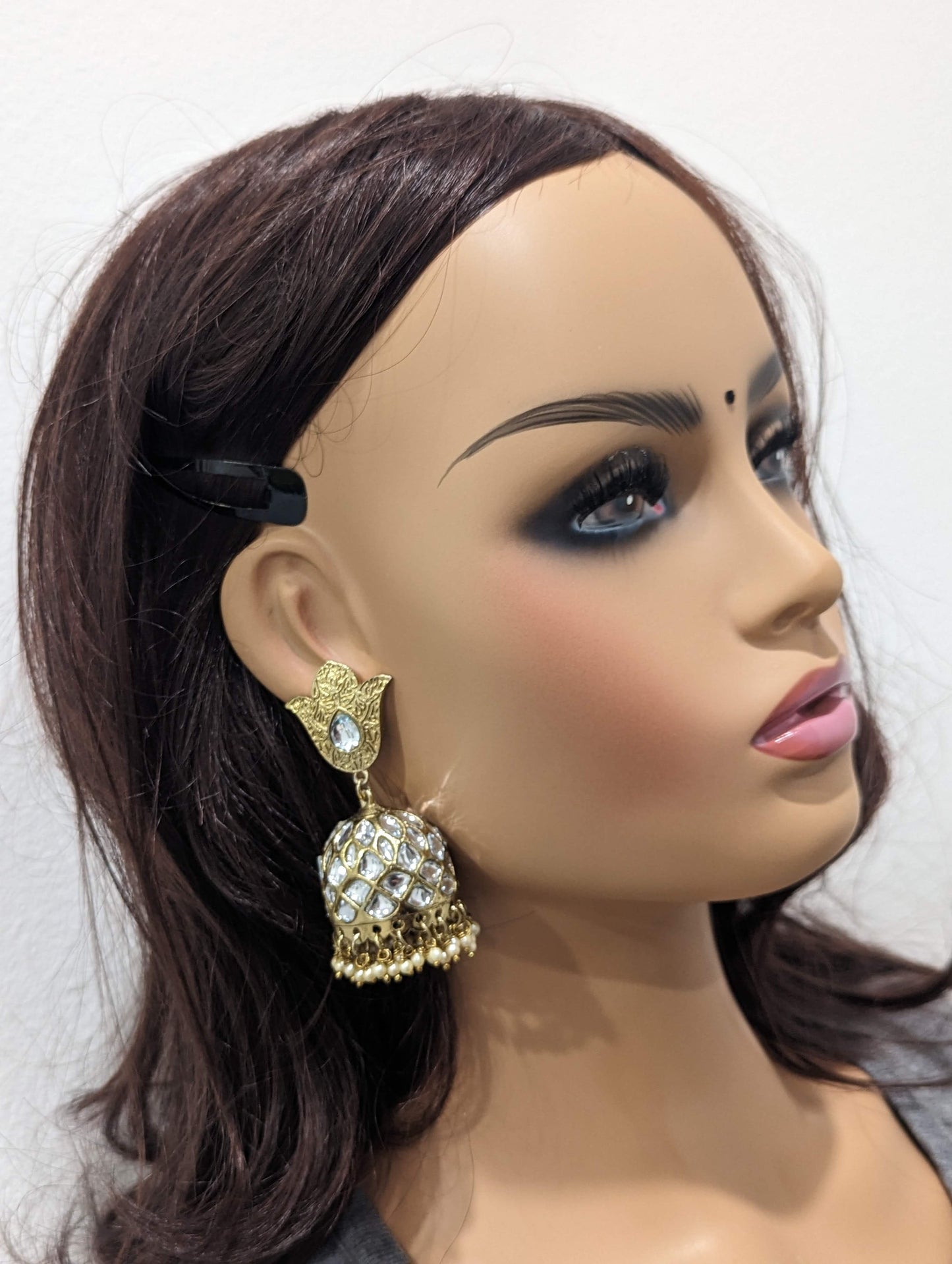 Mehandi polish Kundan large jhumka earrings