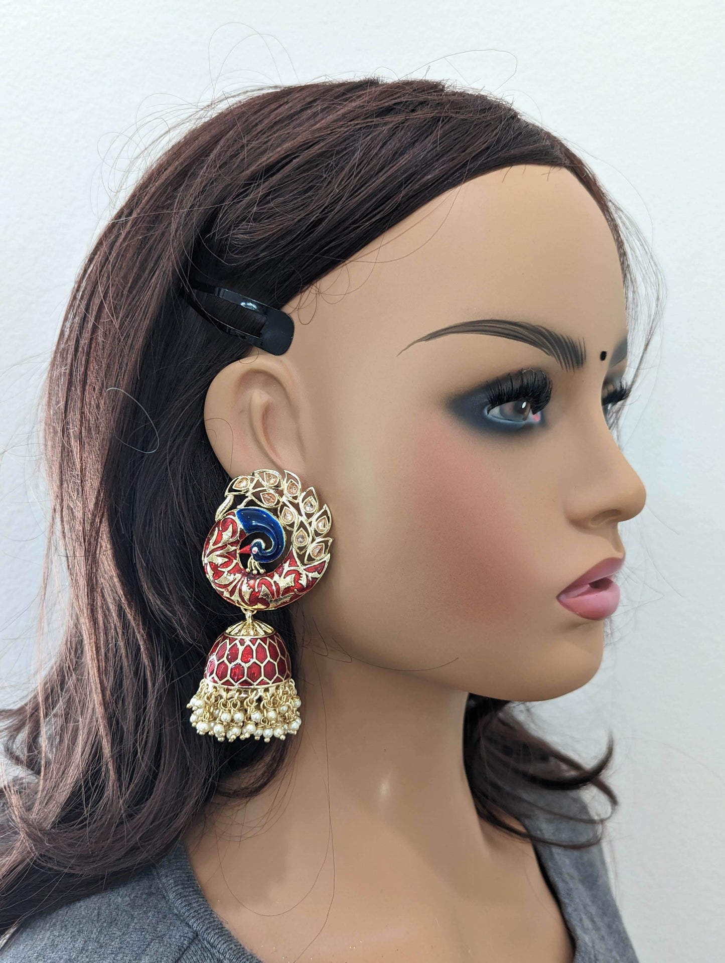 XL size Peacock Stud Meenakari jhumka earrings