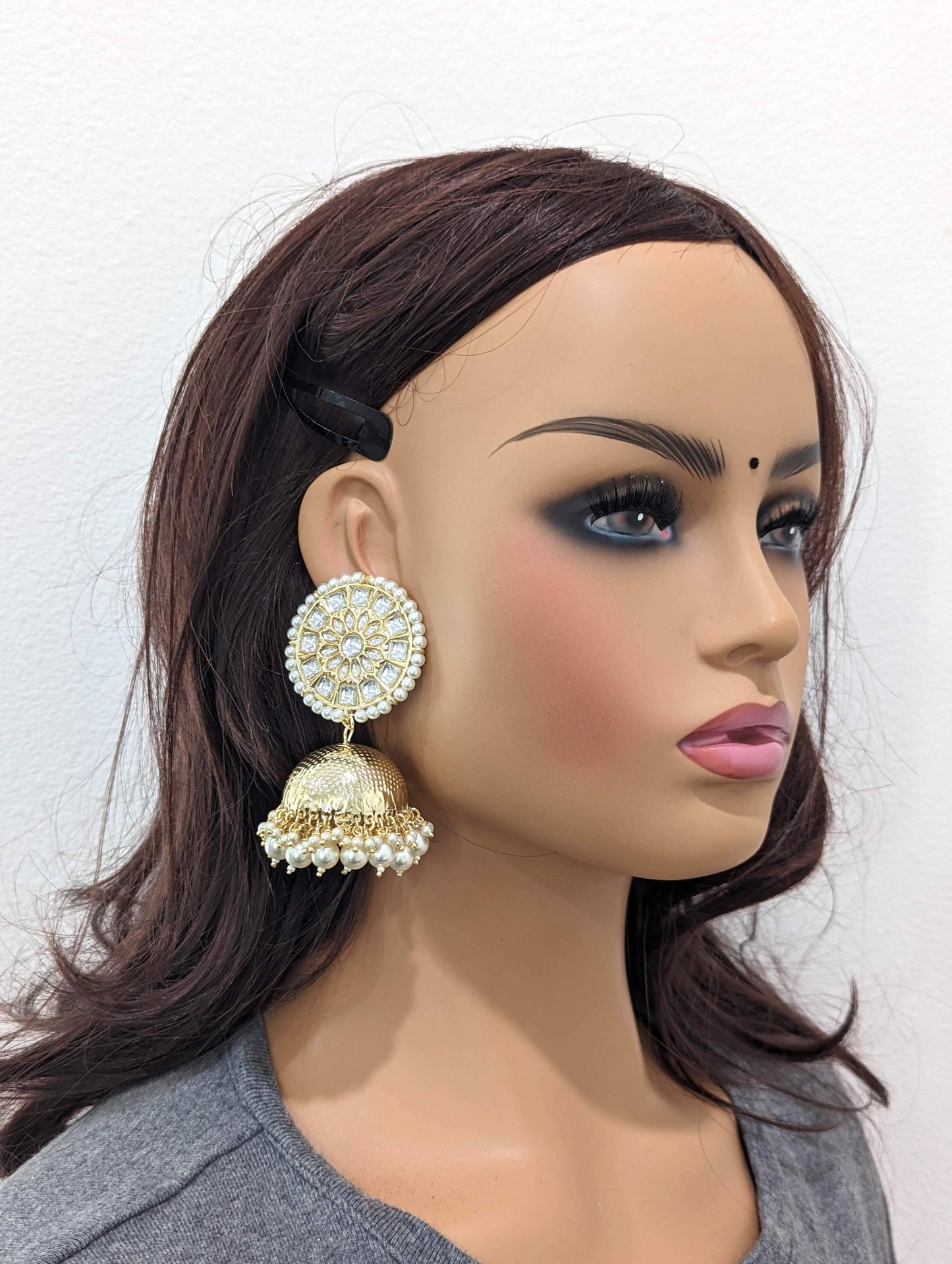 Pearl surrounded Glass kundan Stud with Large Jhumka Earrings