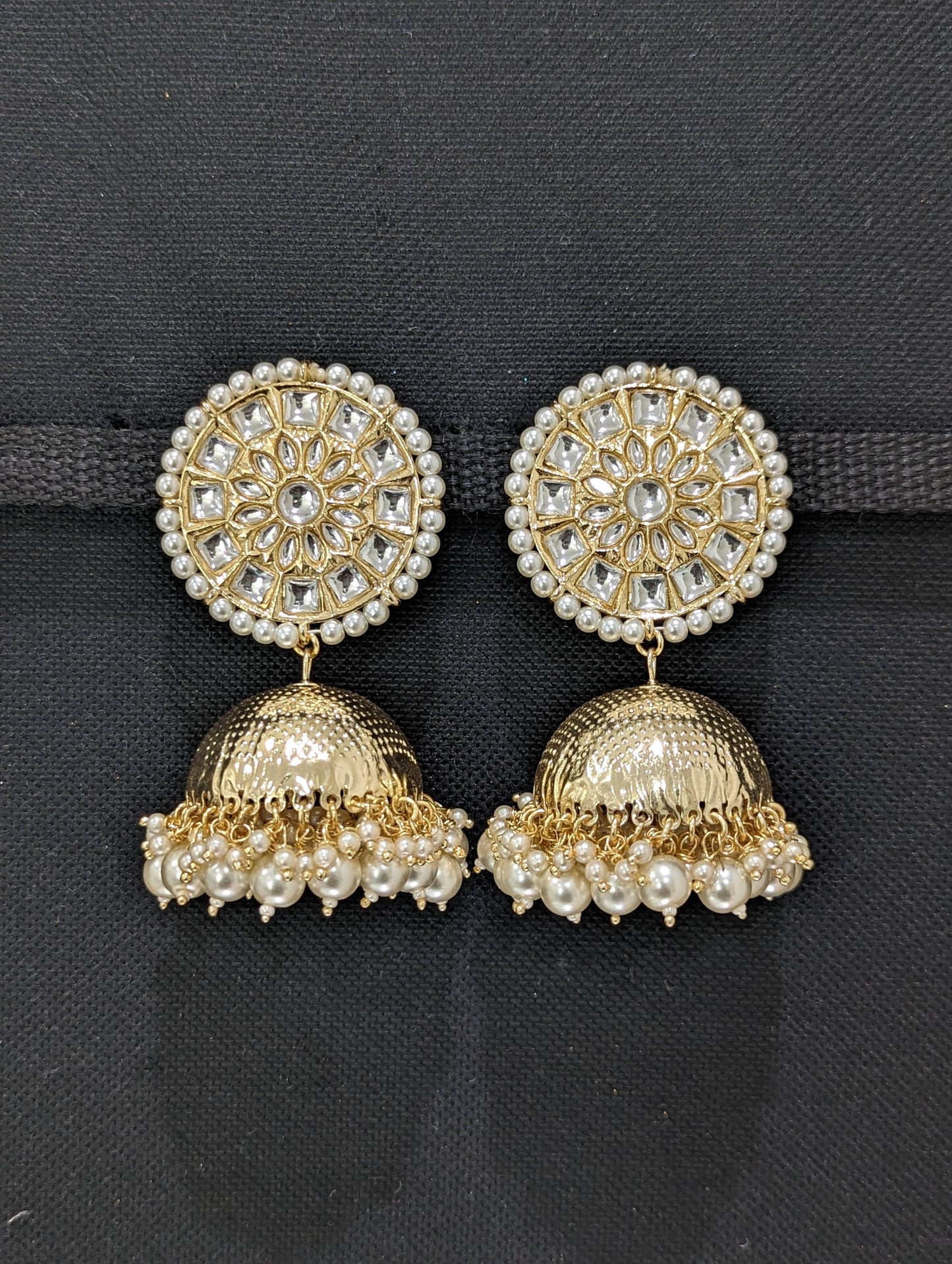 Pearl surrounded Glass kundan Stud with Large Jhumka Earrings