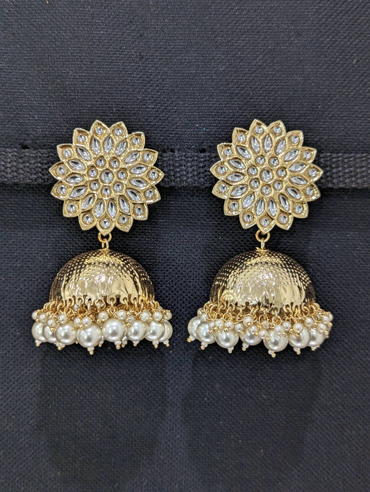 Glass kundan stone Stud with Large Jhumka Earrings