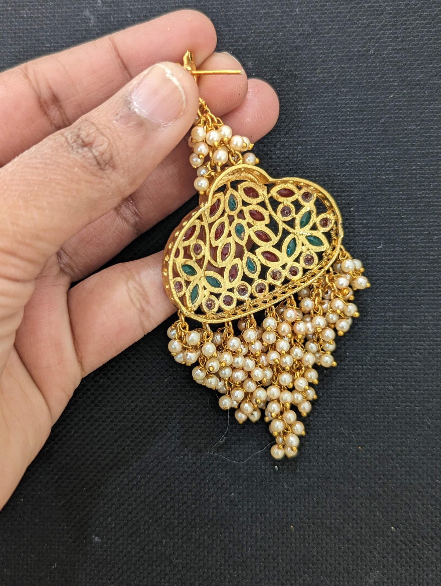 Statement earrings - Pearl cluster bead tassel polki stone Earrings