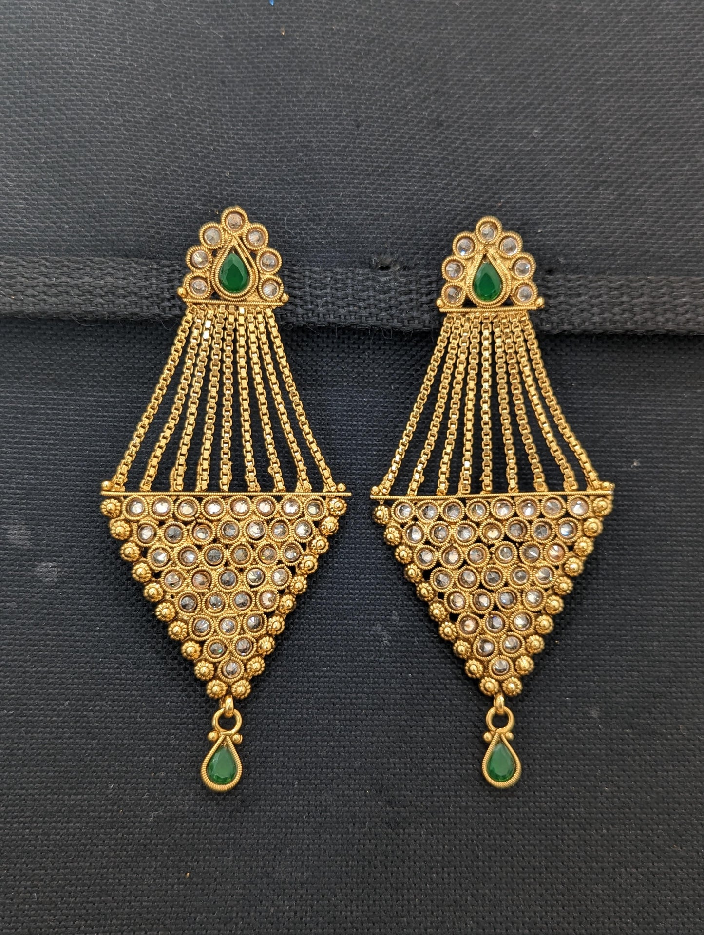 Antique gold polished inverted triangle dangling polki stone long earring - Simpliful